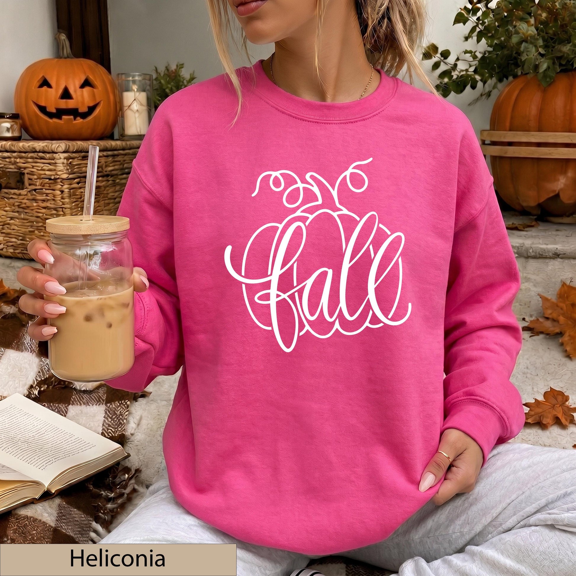 Fall Pumpkin Script Crewneck Sweatshirt, Cozy Autumn Orange Jumper