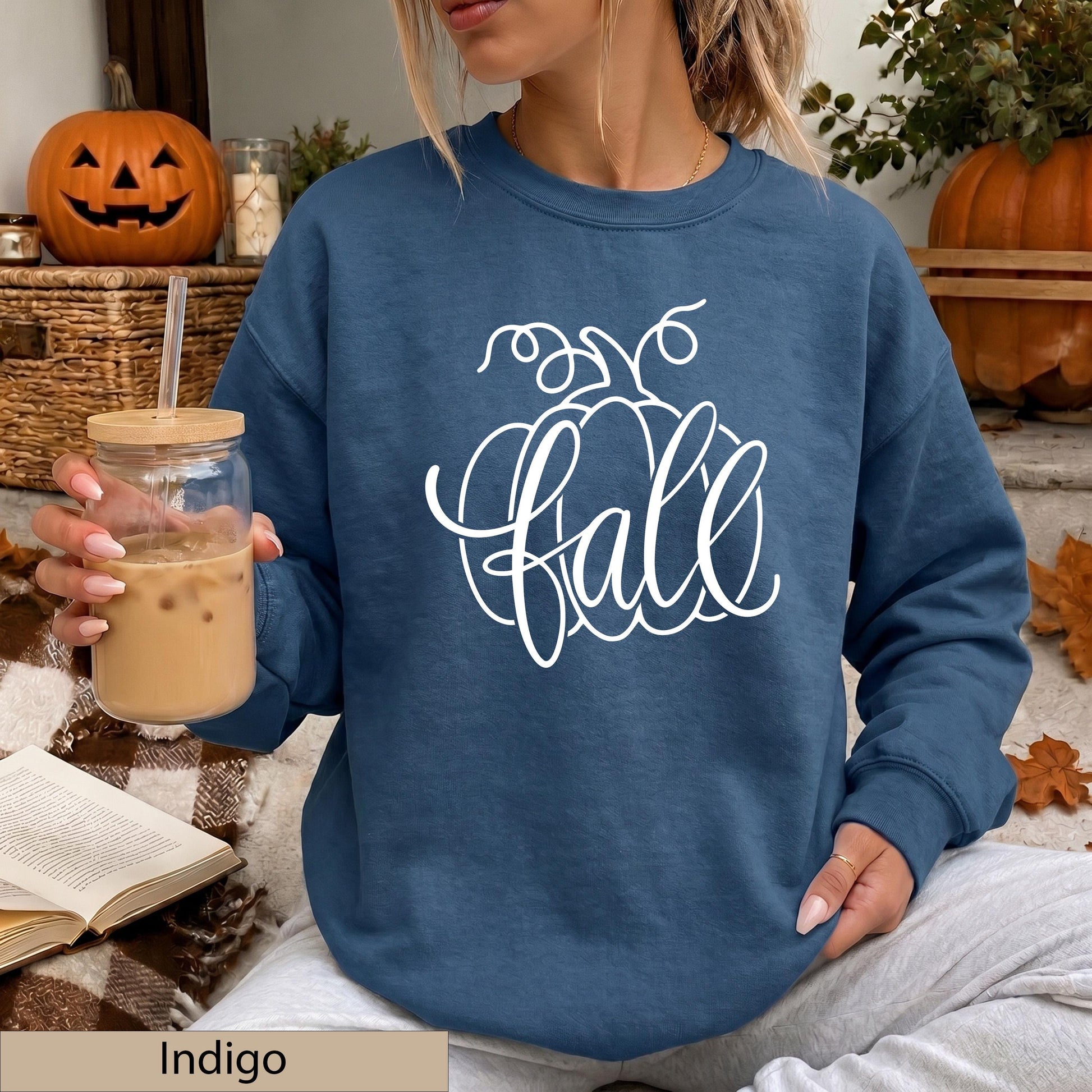 Fall Pumpkin Script Crewneck Sweatshirt, Cozy Autumn Orange Jumper