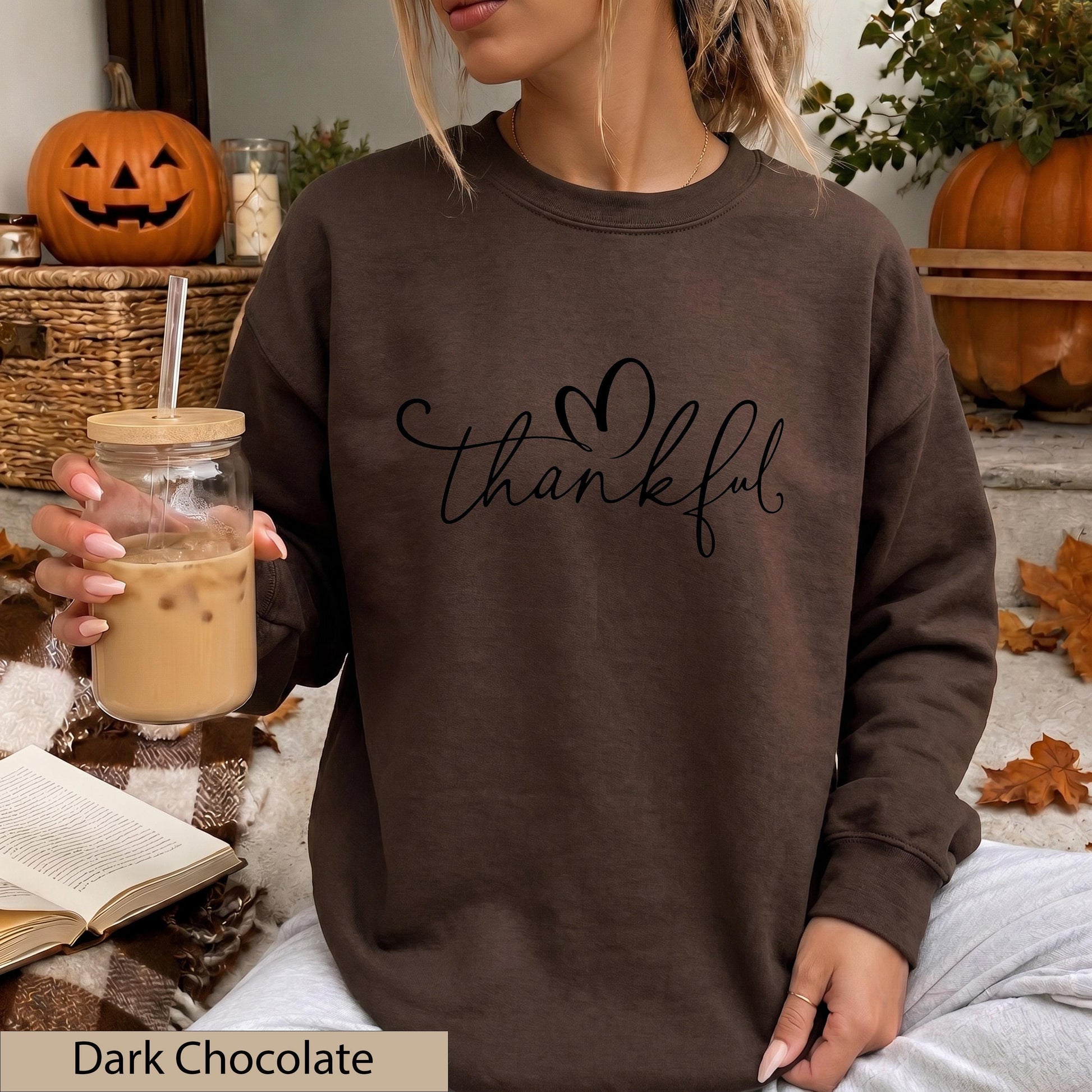 Thankful Sweatshirt, Black Script Crewneck, Minimalist Heart Script Sweater, Cozy Fall Jumper