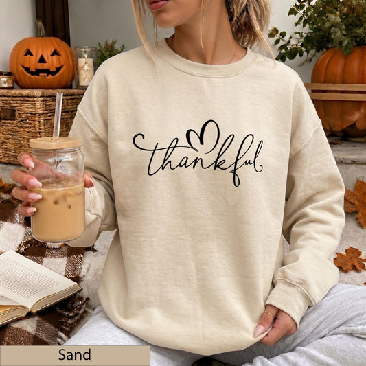 Thankful Sweatshirt, Black Script Crewneck, Minimalist Heart Script Sweater, Cozy Fall Jumper