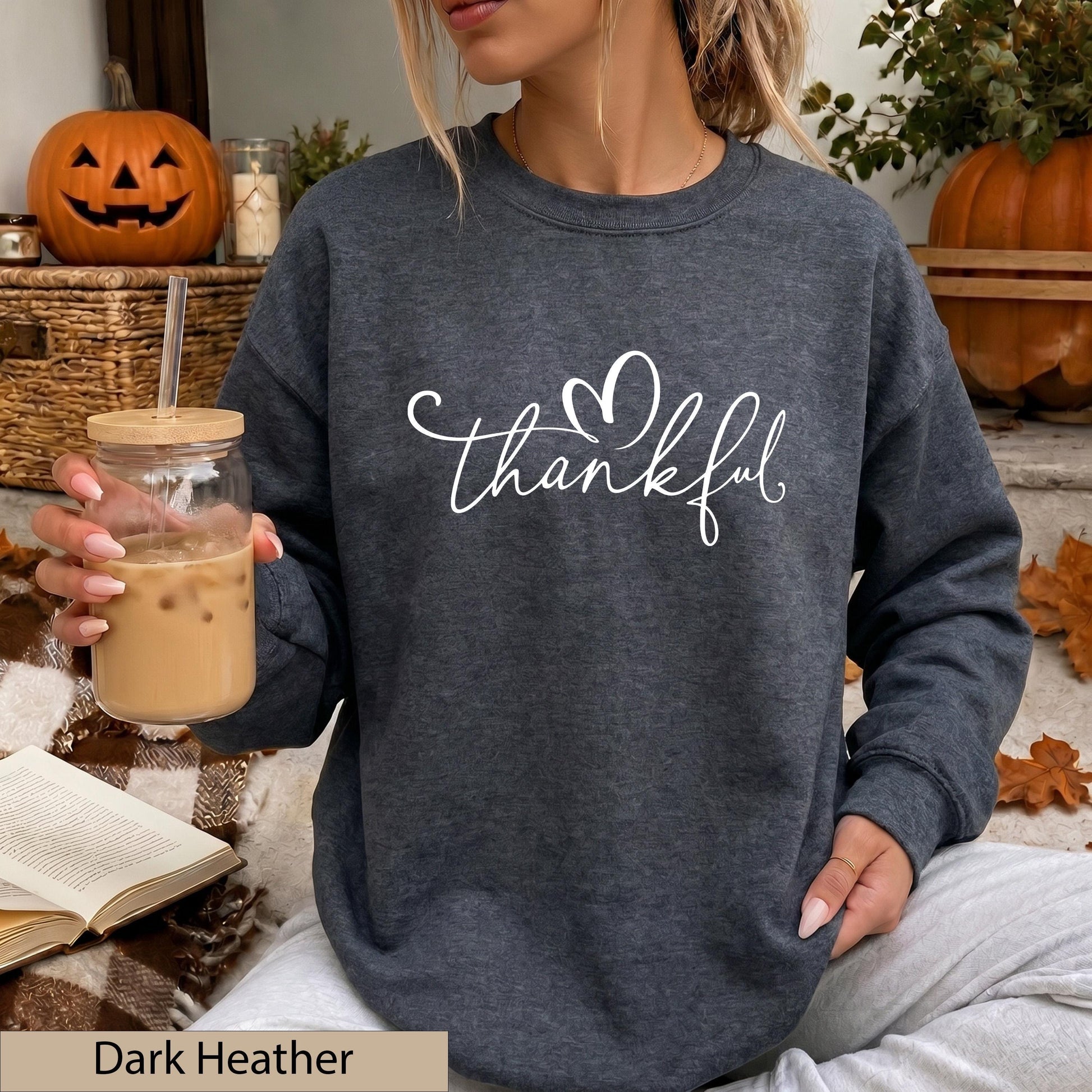 Thankful Fall Sweatshirt, White Script Heart Sweater,  Minimalist Thanksgiving Crewneck, Cozy Fall Jumper