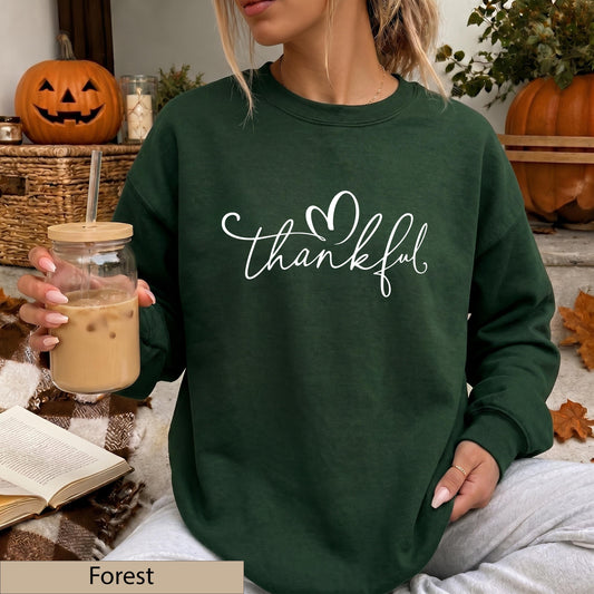 Thankful Fall Sweatshirt, White Script Heart Sweater,  Minimalist Thanksgiving Crewneck, Cozy Fall Jumper