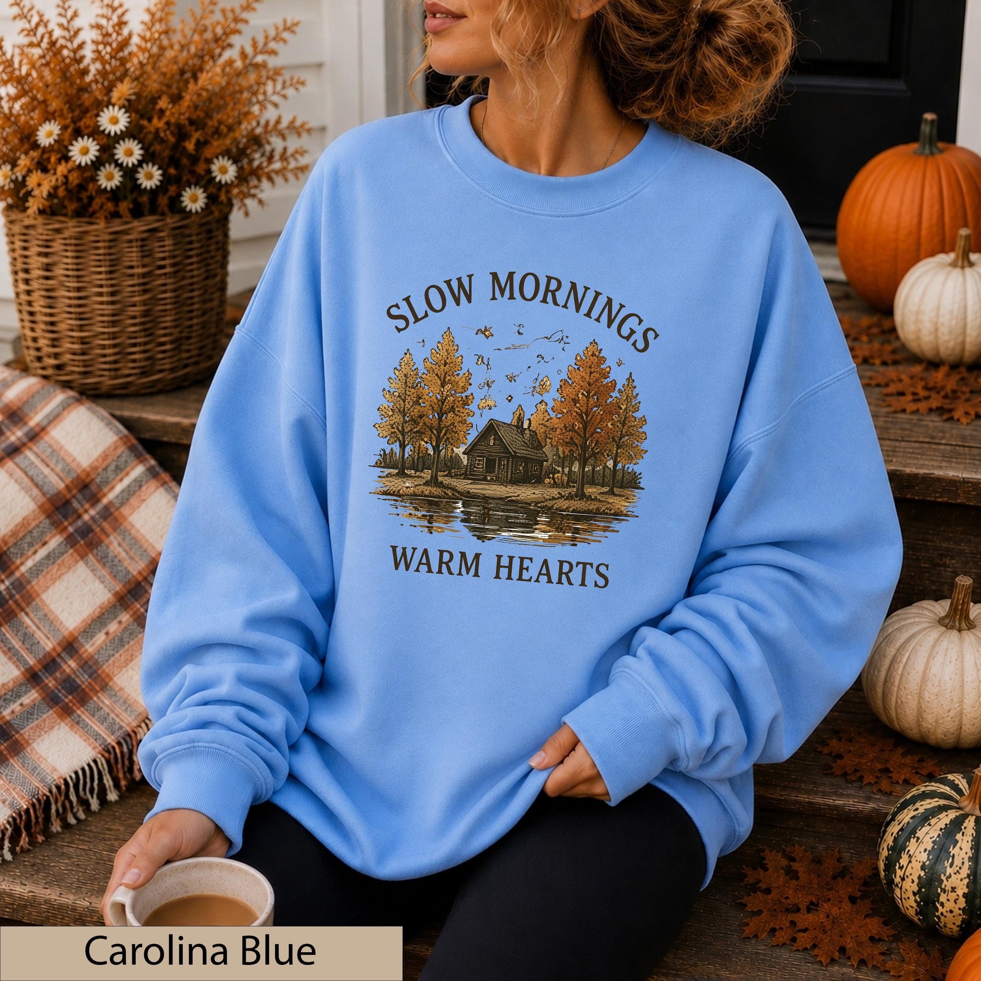 Slow Mornings Warm Hearts Crewneck, Vintage Autumn Cabin Lakeside Sweater