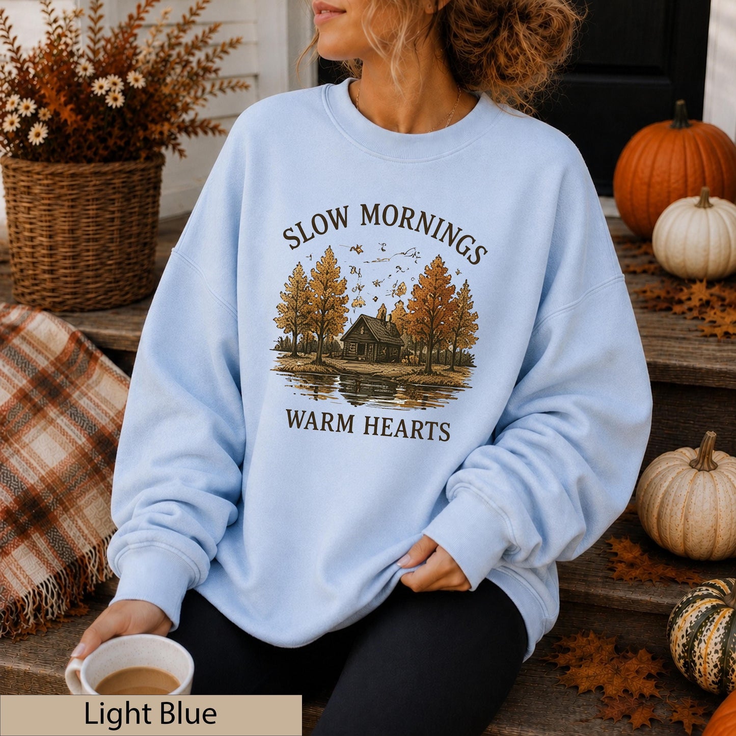 Slow Mornings Warm Hearts Crewneck, Vintage Autumn Cabin Lakeside Sweater