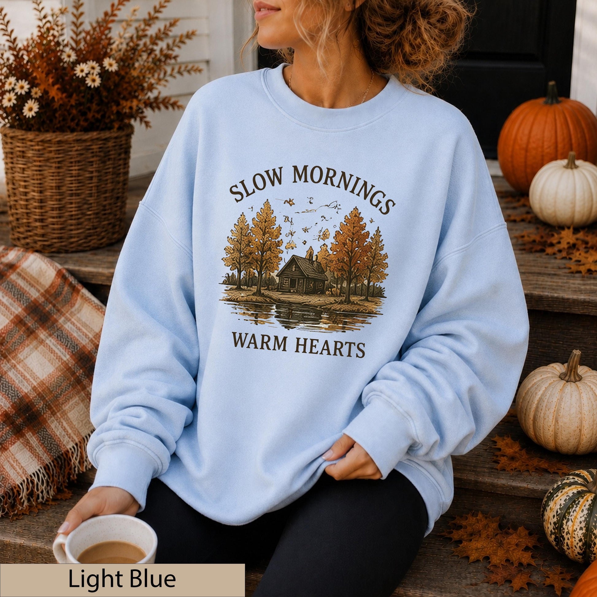 Slow Mornings Warm Hearts Crewneck, Vintage Autumn Cabin Lakeside Sweater