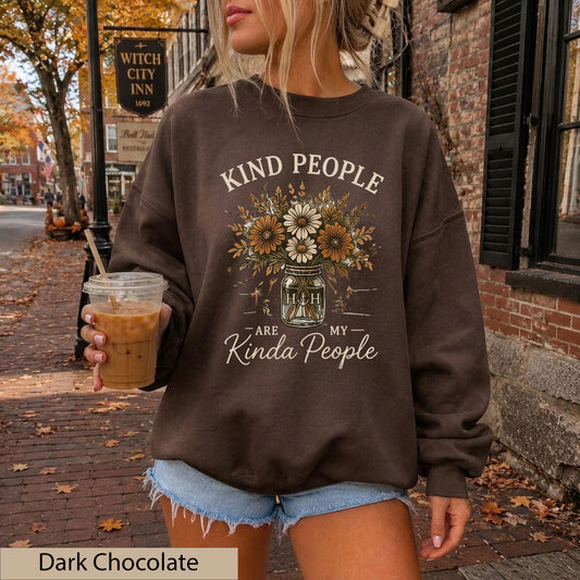 Kind People Crewneck Sweatshirt, Dark Chocolate Floral Jar Sweater, Cottagecore Autumn Jumper