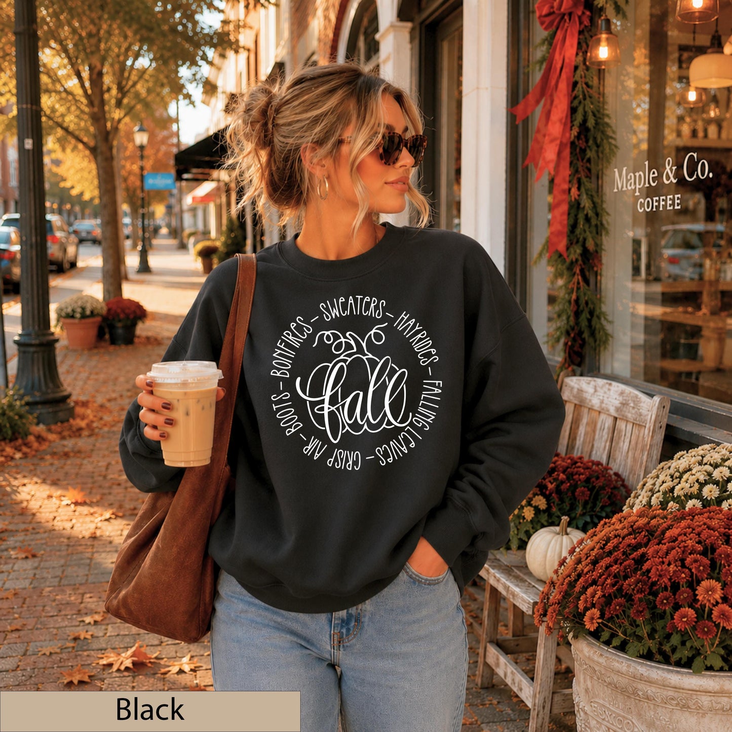 Fall Favorites White Script Sweatshirt, Autumn Pumpkin Crewneck, Cozy Bonfires Hayrides Jumper