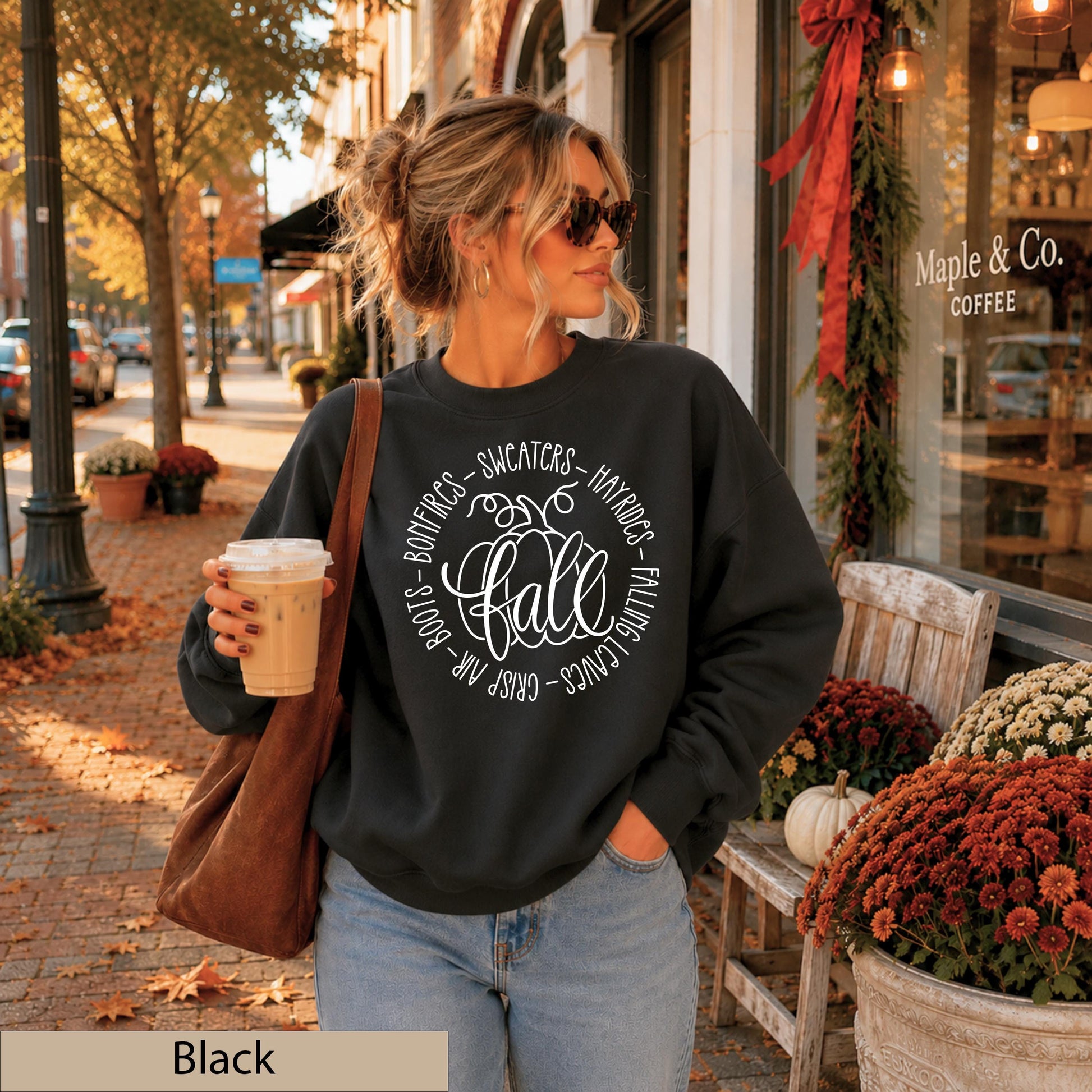 Fall Favorites White Script Sweatshirt, Autumn Pumpkin Crewneck, Cozy Bonfires Hayrides Jumper