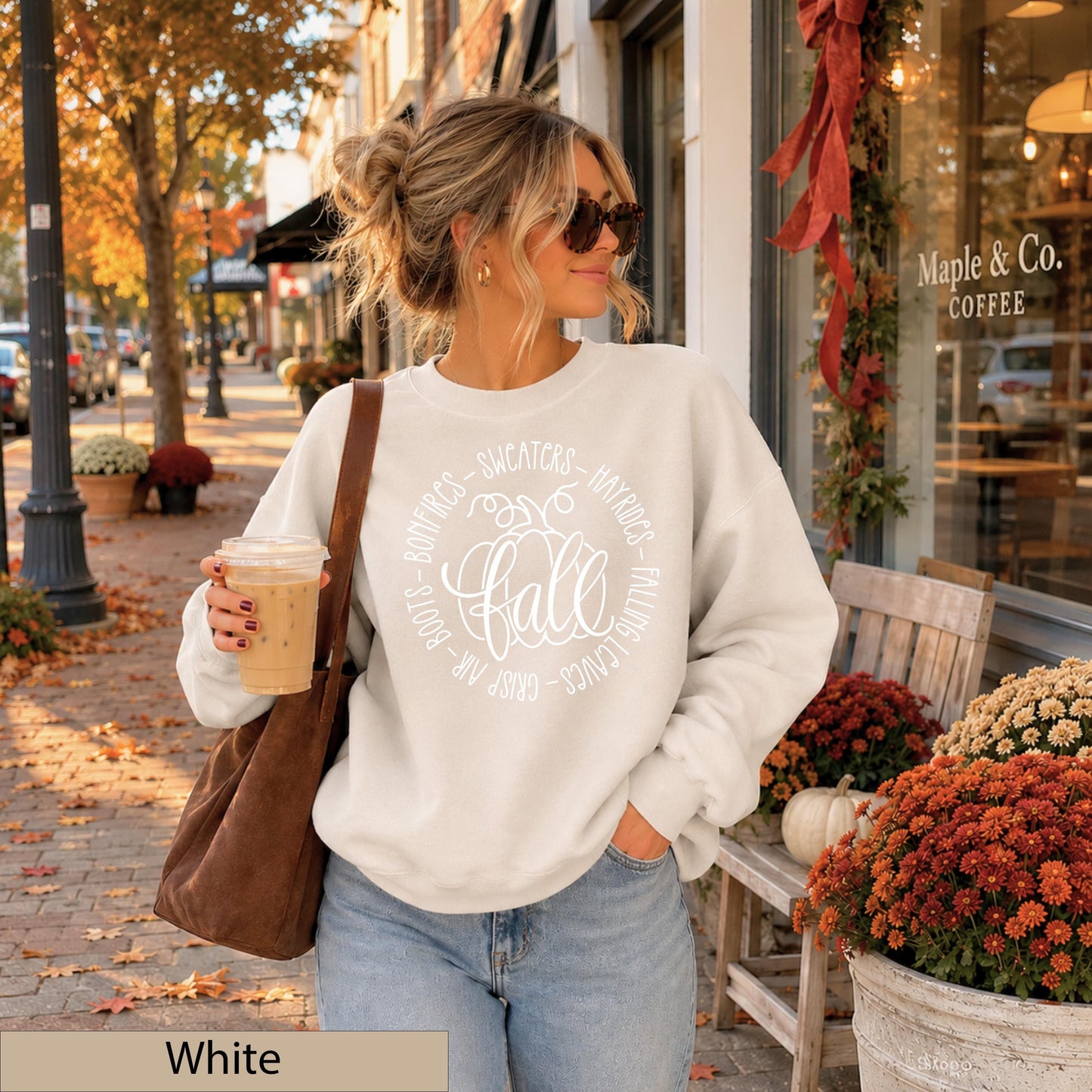 Fall Favorites White Script Sweatshirt, Autumn Pumpkin Crewneck, Cozy Bonfires Hayrides Jumper