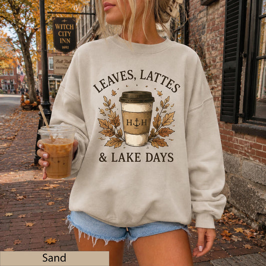 Leaves Lattes Lake Days Sweatshirt, Autumn Coffee Crewneck, Fall Lake Life Pullover
