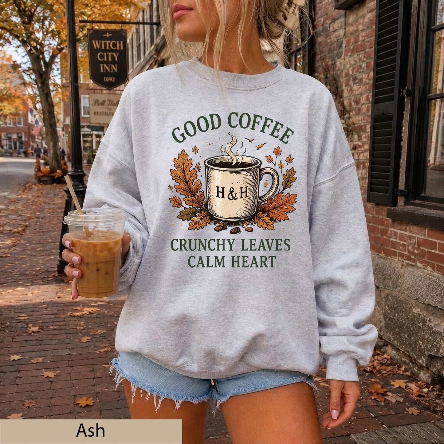 Good Coffee Crunchy Leaves Calm Heart Sweatshirt, Autumn Cozy Crewneck, Gildan 18000 Fall Sweater
