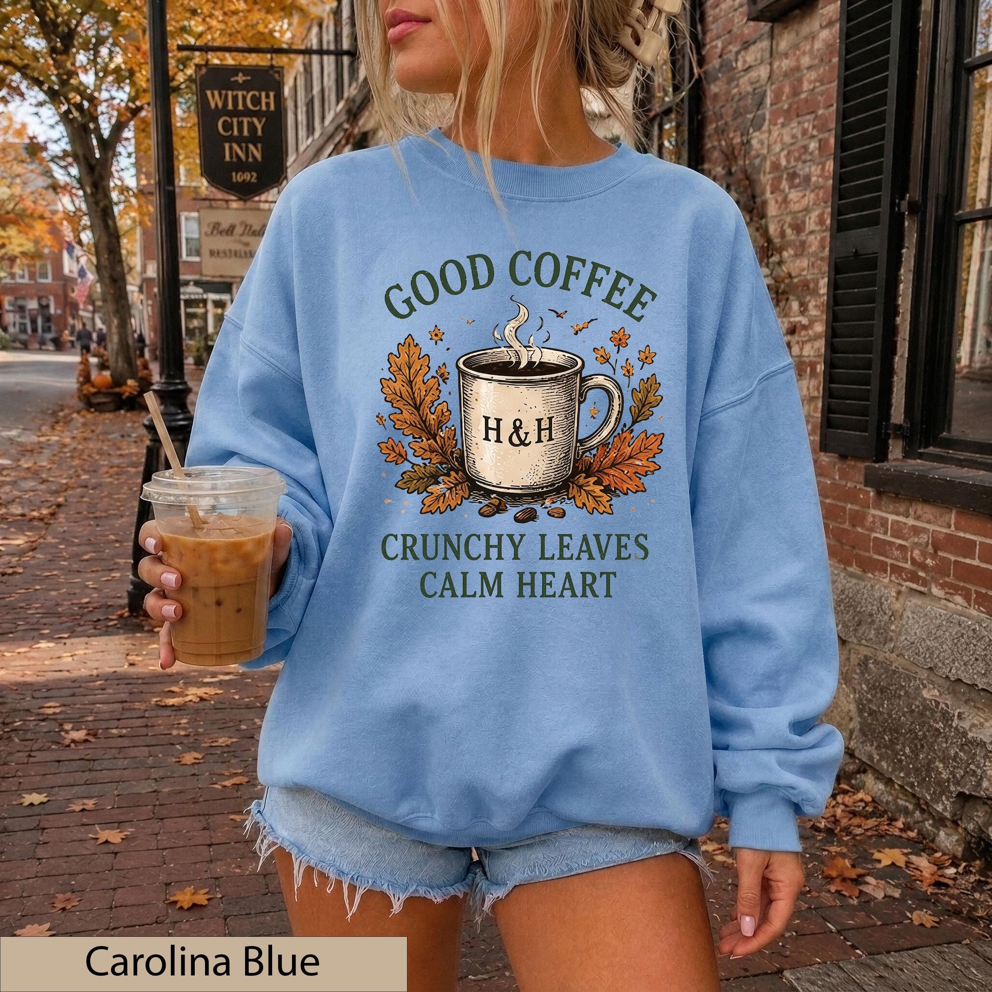 Good Coffee Crunchy Leaves Calm Heart Sweatshirt, Autumn Cozy Crewneck, Gildan 18000 Fall Sweater