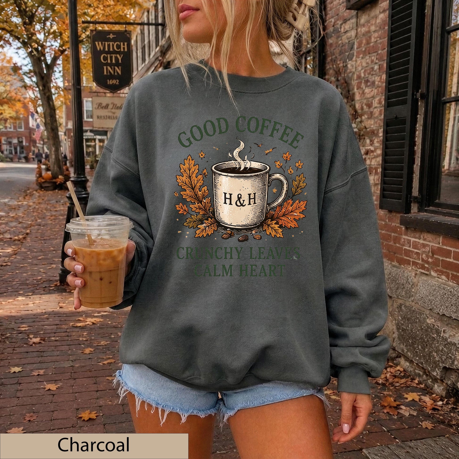 Good Coffee Crunchy Leaves Calm Heart Sweatshirt, Autumn Cozy Crewneck, Gildan 18000 Fall Sweater