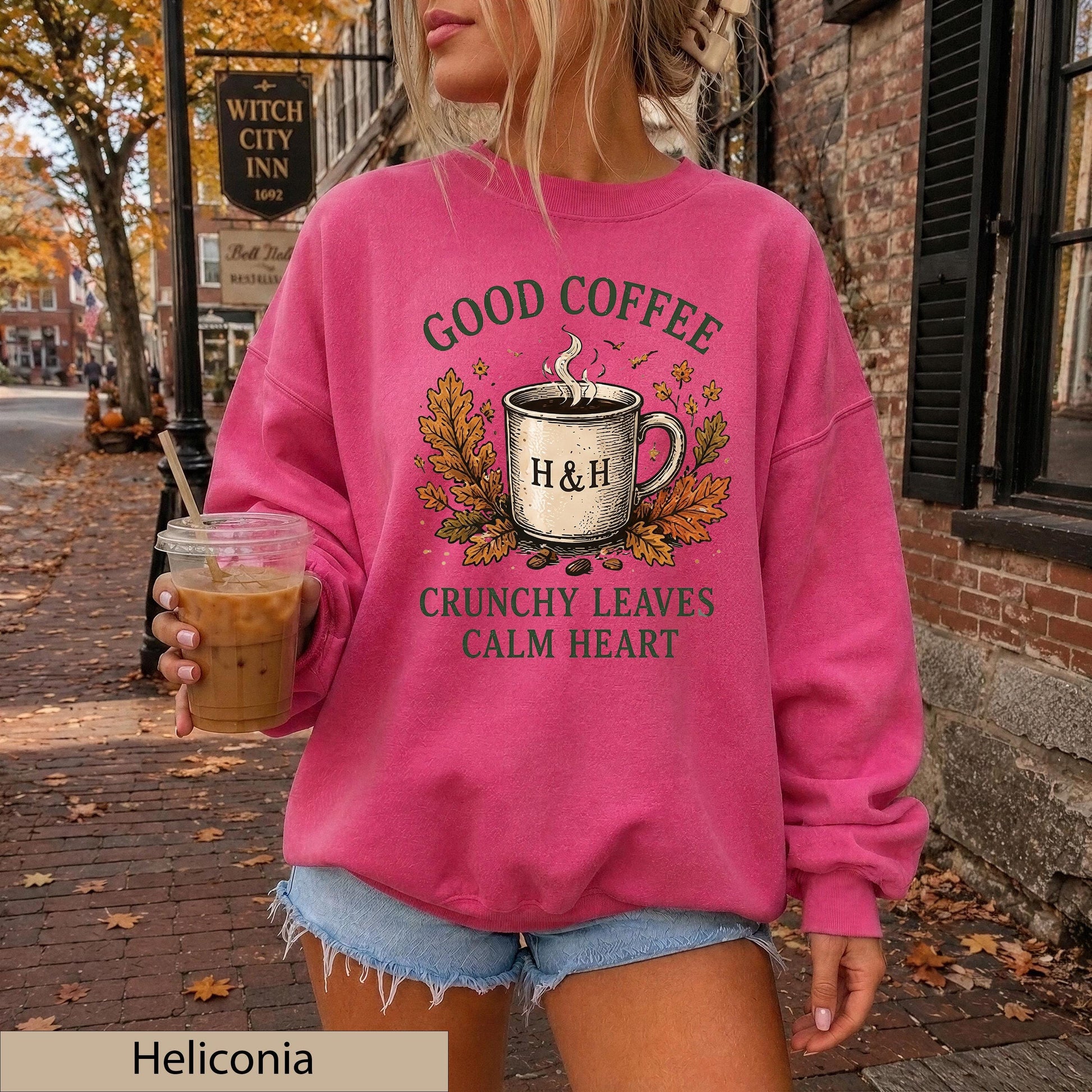 Good Coffee Crunchy Leaves Calm Heart Sweatshirt, Autumn Cozy Crewneck, Gildan 18000 Fall Sweater