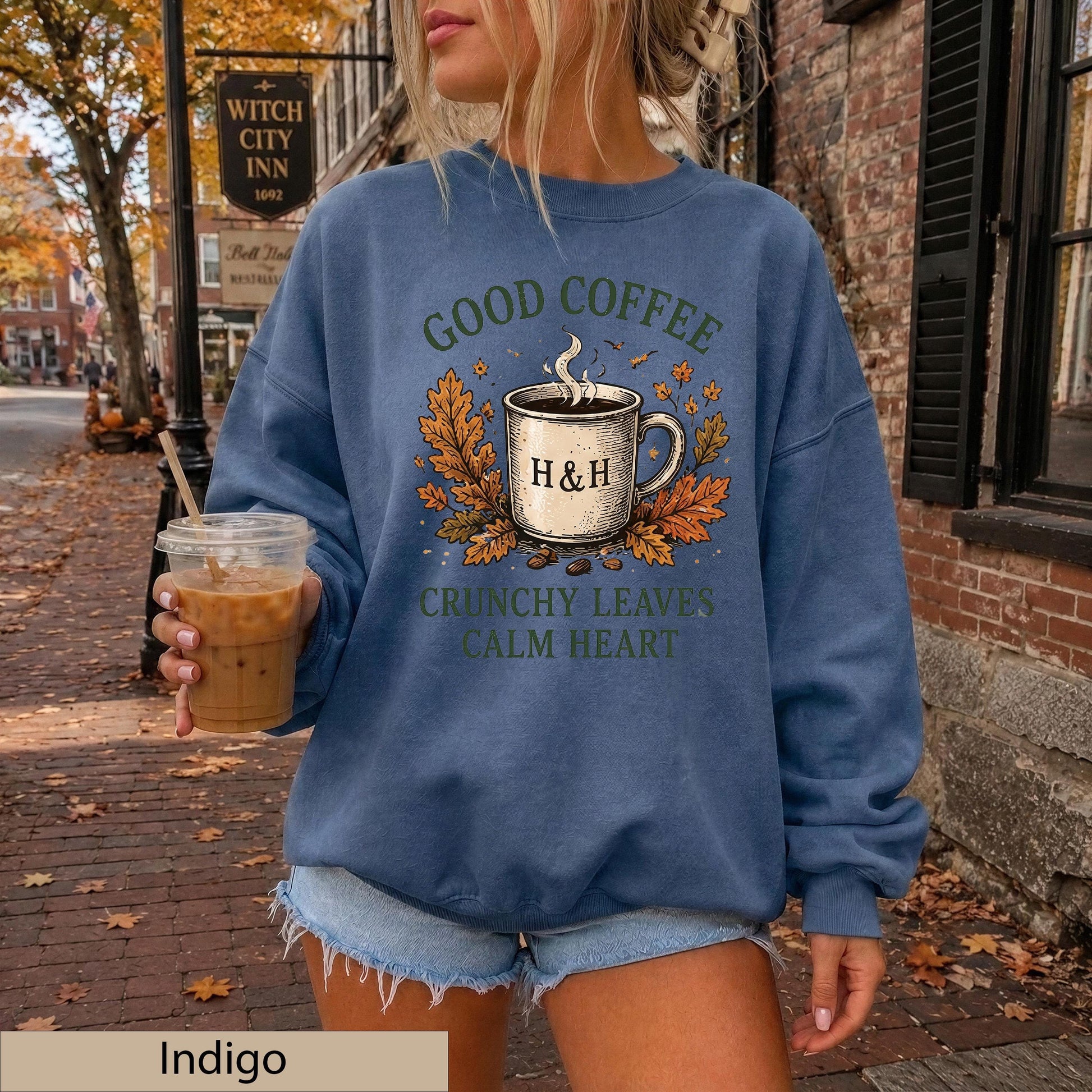 Good Coffee Crunchy Leaves Calm Heart Sweatshirt, Autumn Cozy Crewneck, Gildan 18000 Fall Sweater