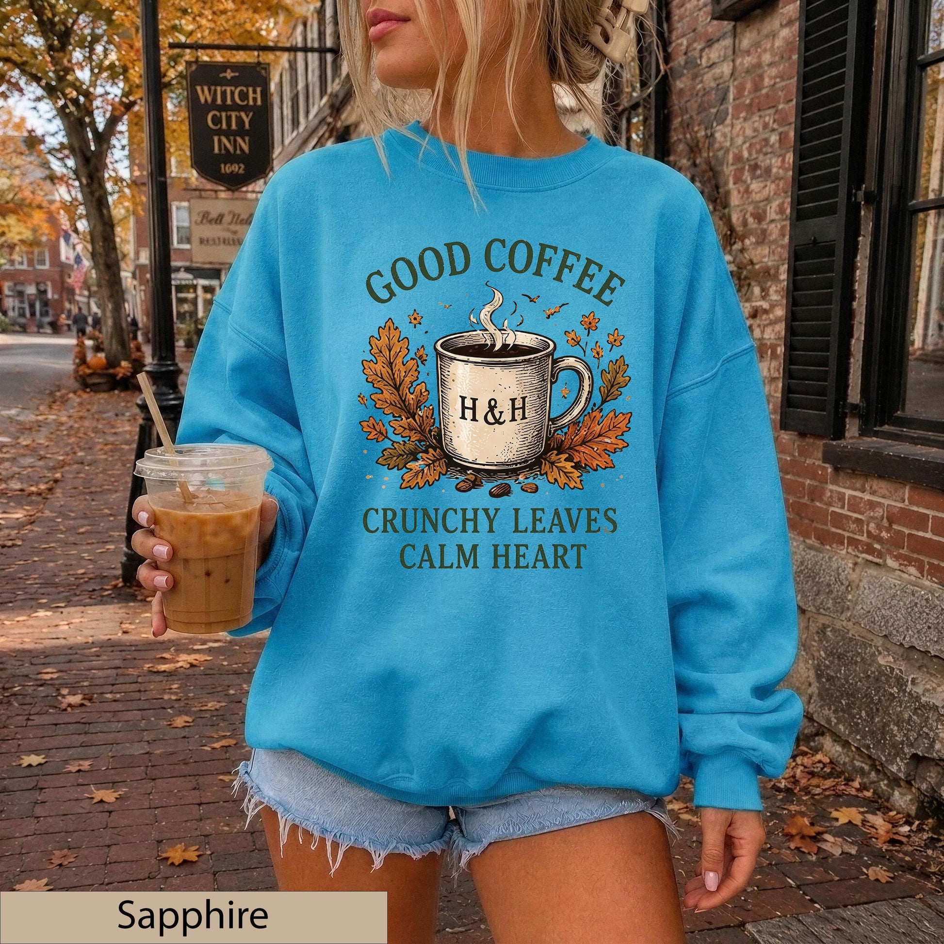 Good Coffee Crunchy Leaves Calm Heart Sweatshirt, Autumn Cozy Crewneck, Gildan 18000 Fall Sweater