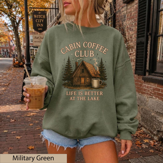 Cabin Coffee Club Crewneck, Vintage Lake Life Jumper, Cozy Cottagecore Sweater