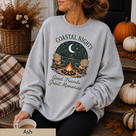 Coastal Nights Crewneck Sweatshirt, Bonfire Lake House Jumper, Friends Memories Sweater