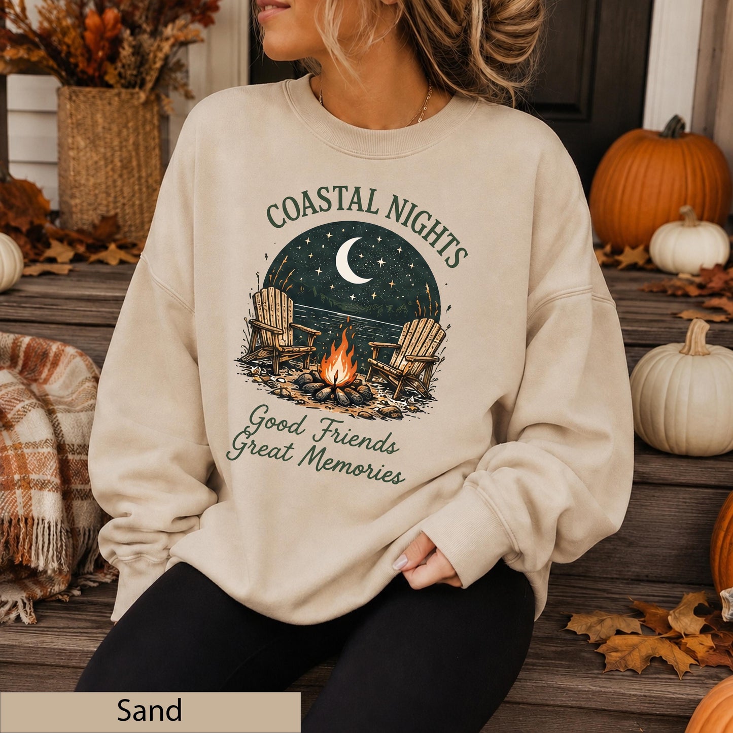 Coastal Nights Crewneck Sweatshirt, Bonfire Lake House Jumper, Friends Memories Sweater