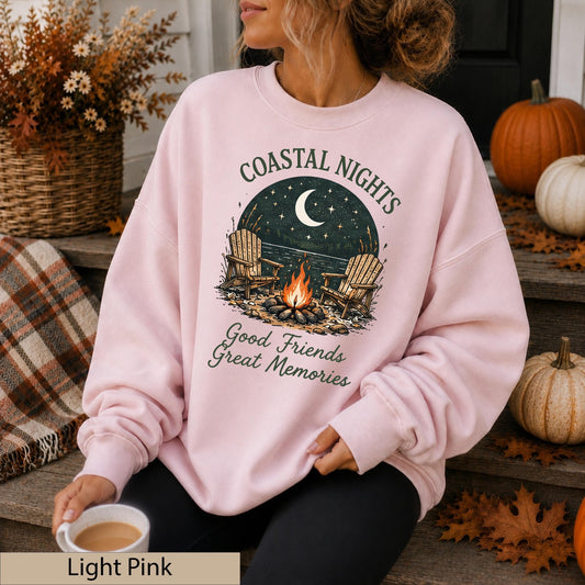 Coastal Nights Crewneck Sweatshirt, Bonfire Lake House Jumper, Friends Memories Sweater