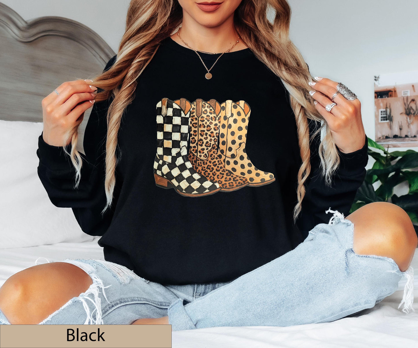 Cowgirl Boots Graphic Crewneck Sweatshirt, Checkered Leopard Polka Dot Western Sweater