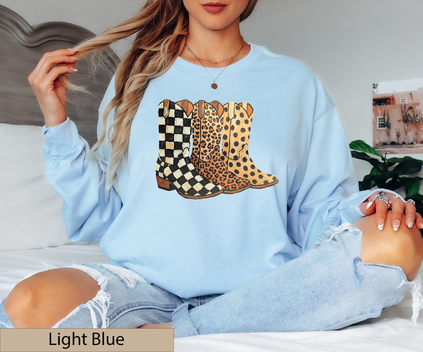 Cowgirl Boots Graphic Crewneck Sweatshirt, Checkered Leopard Polka Dot Western Sweater