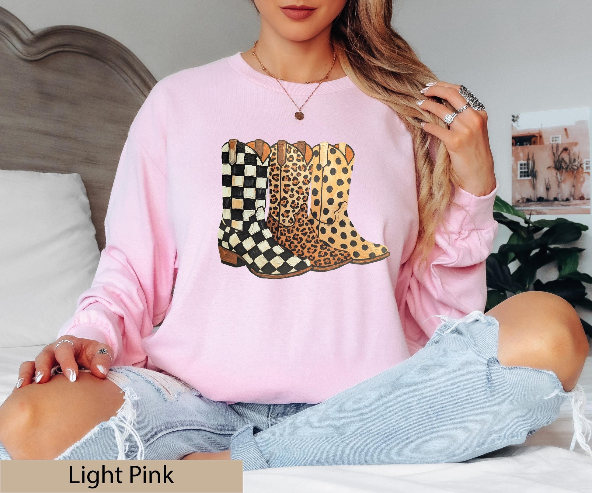 Cowgirl Boots Graphic Crewneck Sweatshirt, Checkered Leopard Polka Dot Western Sweater
