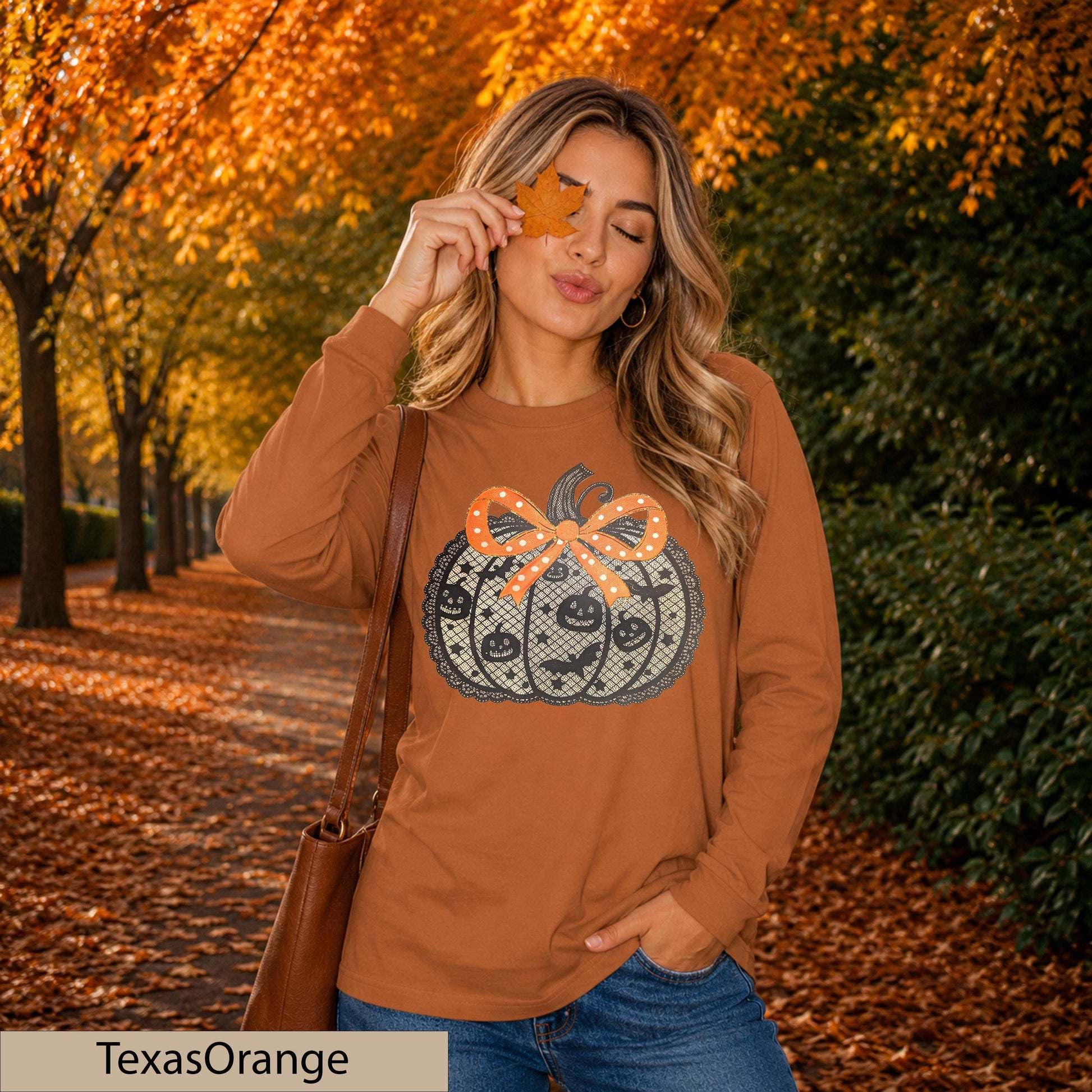 Lace Pumpkin Long Sleeve Shirt, Coquette Bow Halloween Top, Fall Autumn Patch Outfit
