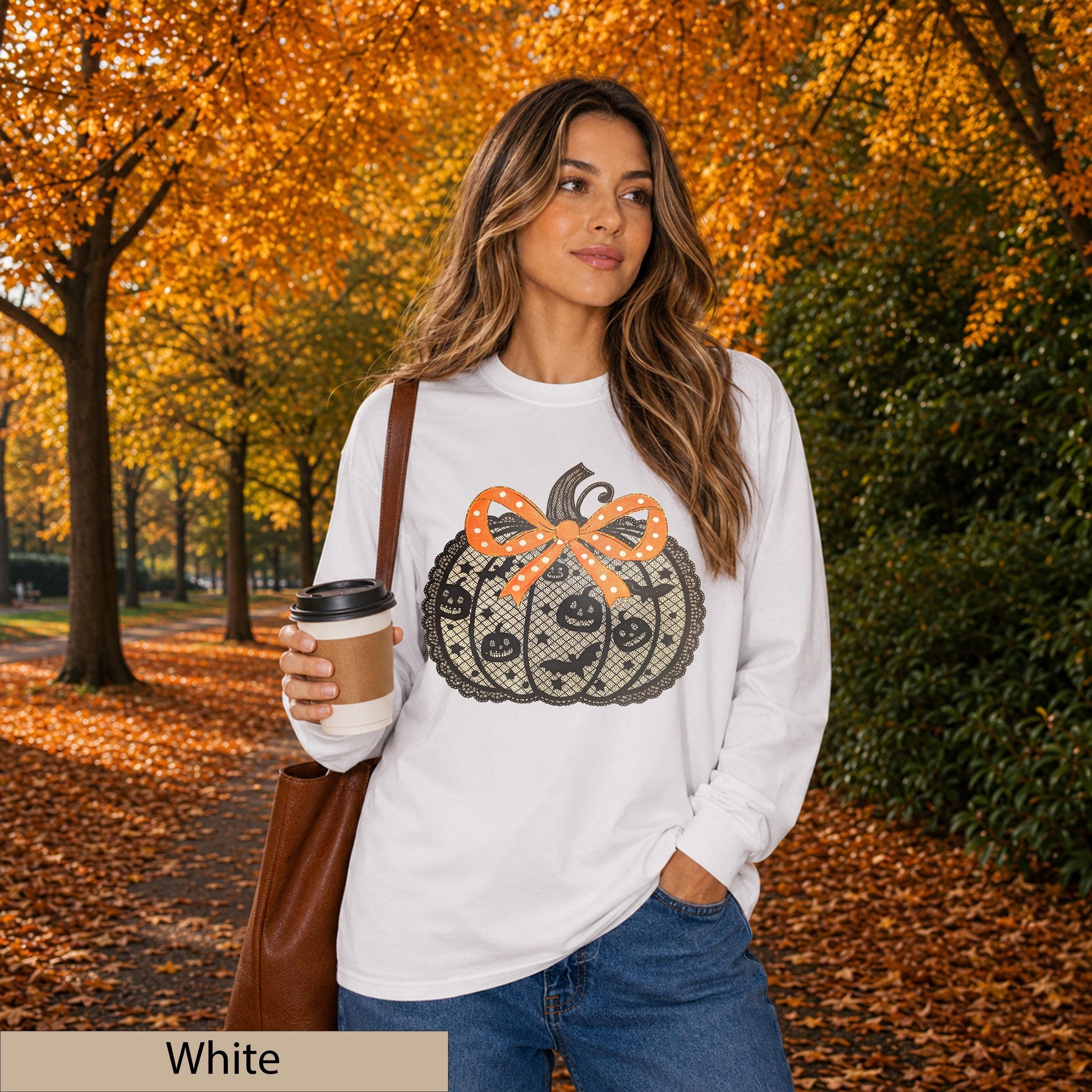 Lace Pumpkin Long Sleeve Shirt, Coquette Bow Halloween Top, Fall Autumn Patch Outfit