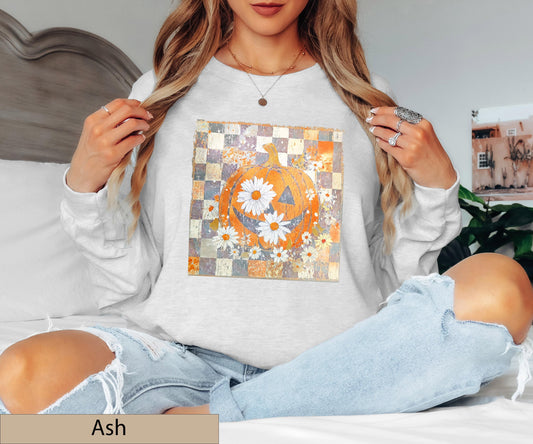 Floral Pumpkin Crewneck, Daisy Jack O Lantern T-Shirt, Checkered Fall Boho Jumper