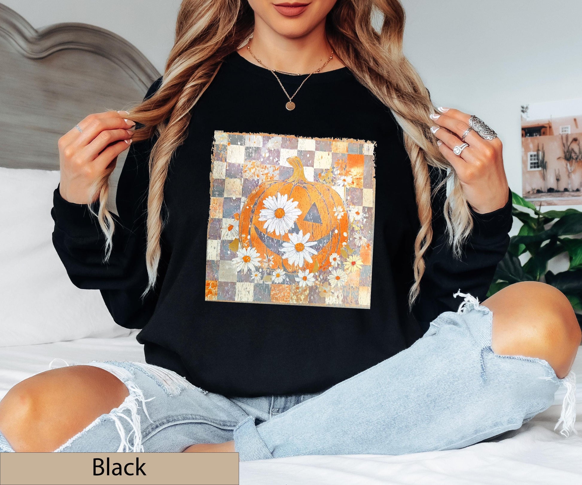 Floral Pumpkin Crewneck, Daisy Jack O Lantern T-Shirt, Checkered Fall Boho Jumper
