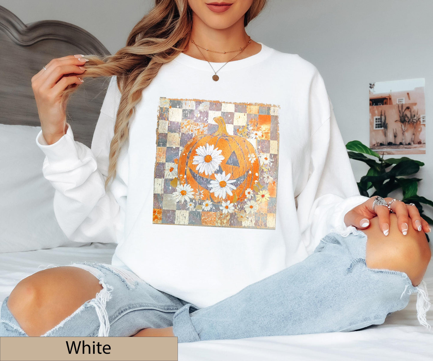 Floral Pumpkin Crewneck, Daisy Jack O Lantern T-Shirt, Checkered Fall Boho Jumper