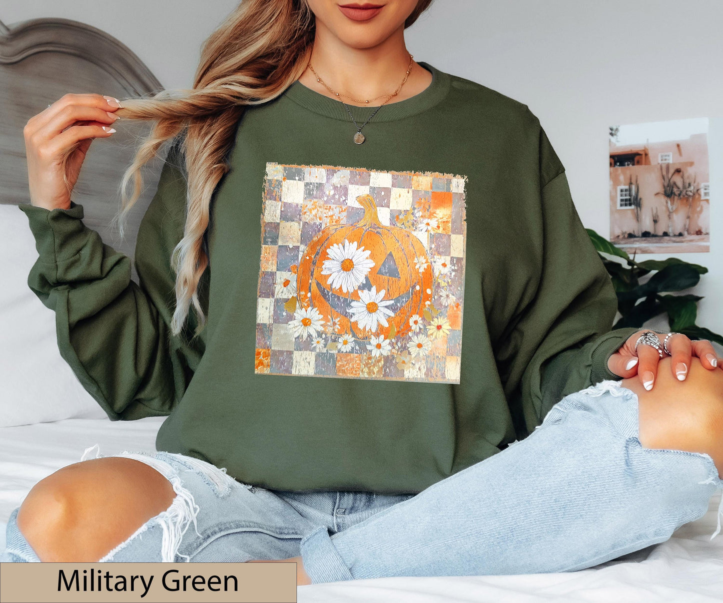 Floral Pumpkin Crewneck, Daisy Jack O Lantern T-Shirt, Checkered Fall Boho Jumper