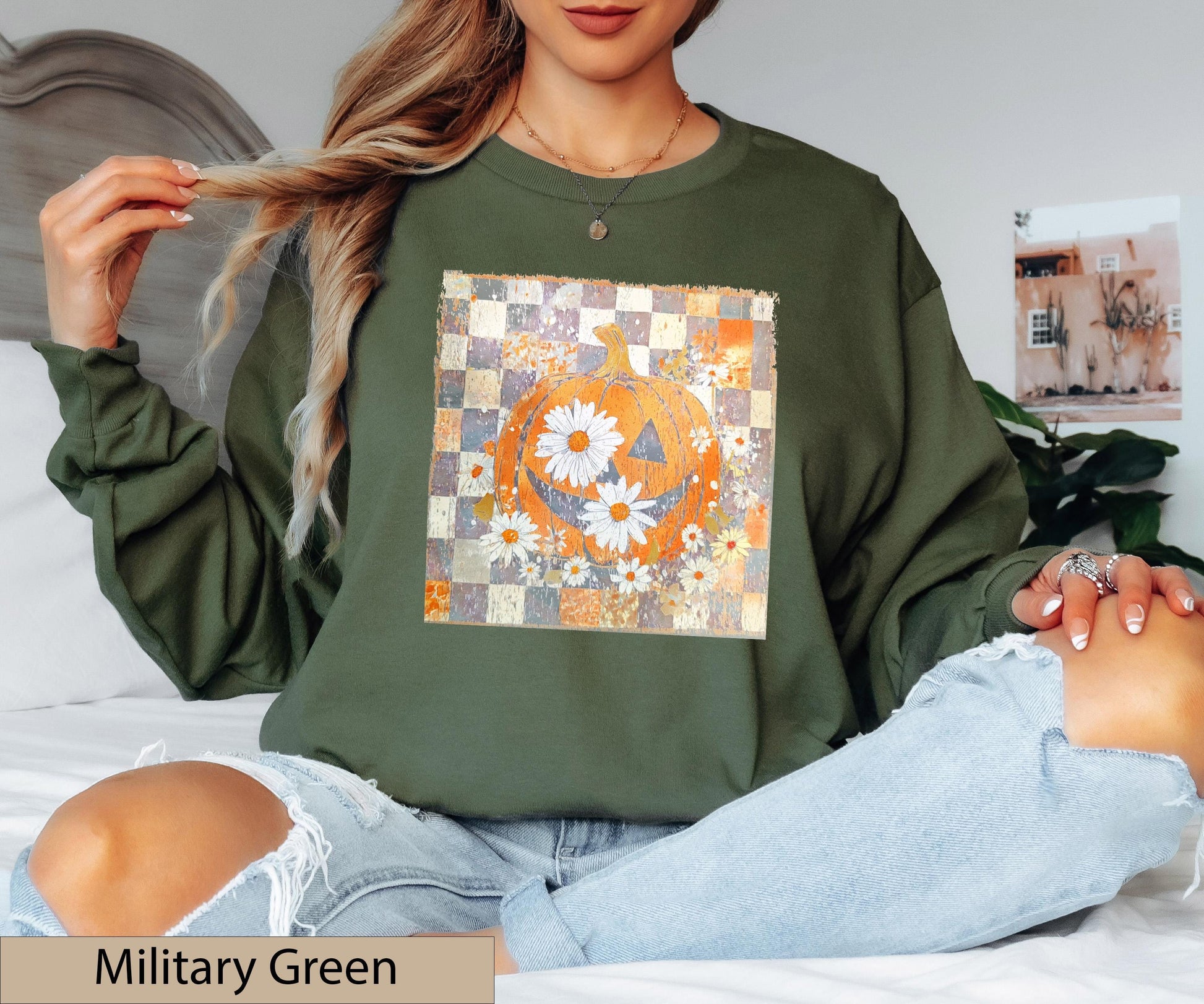 Floral Pumpkin Crewneck, Daisy Jack O Lantern T-Shirt, Checkered Fall Boho Jumper