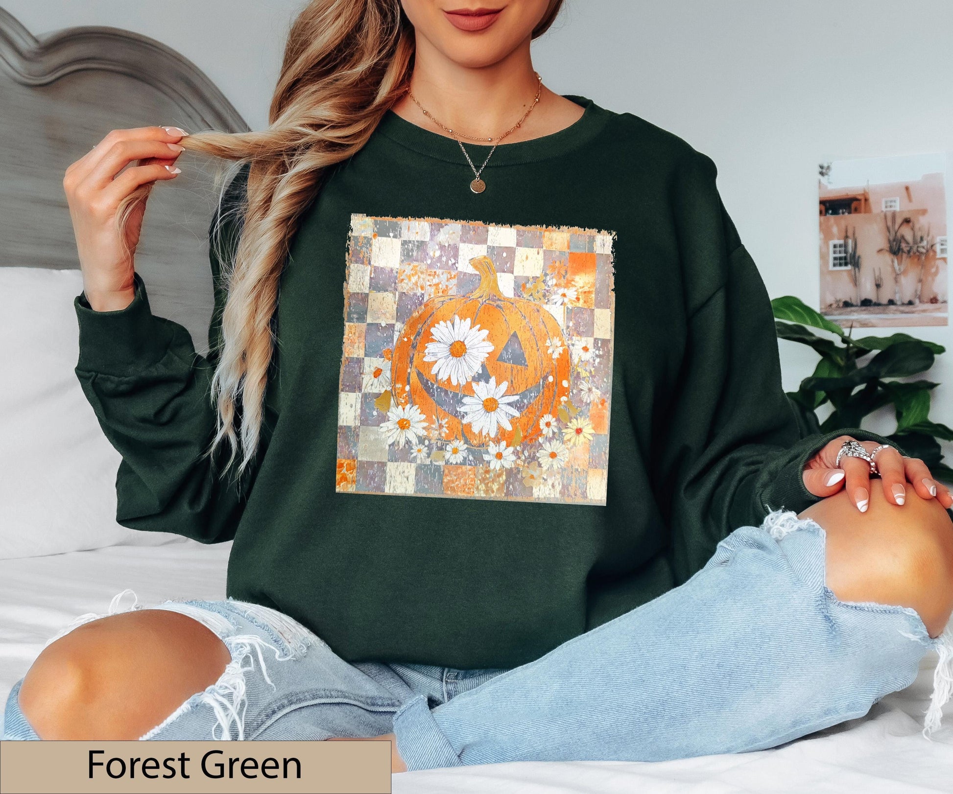 Floral Pumpkin Crewneck, Daisy Jack O Lantern T-Shirt, Checkered Fall Boho Jumper