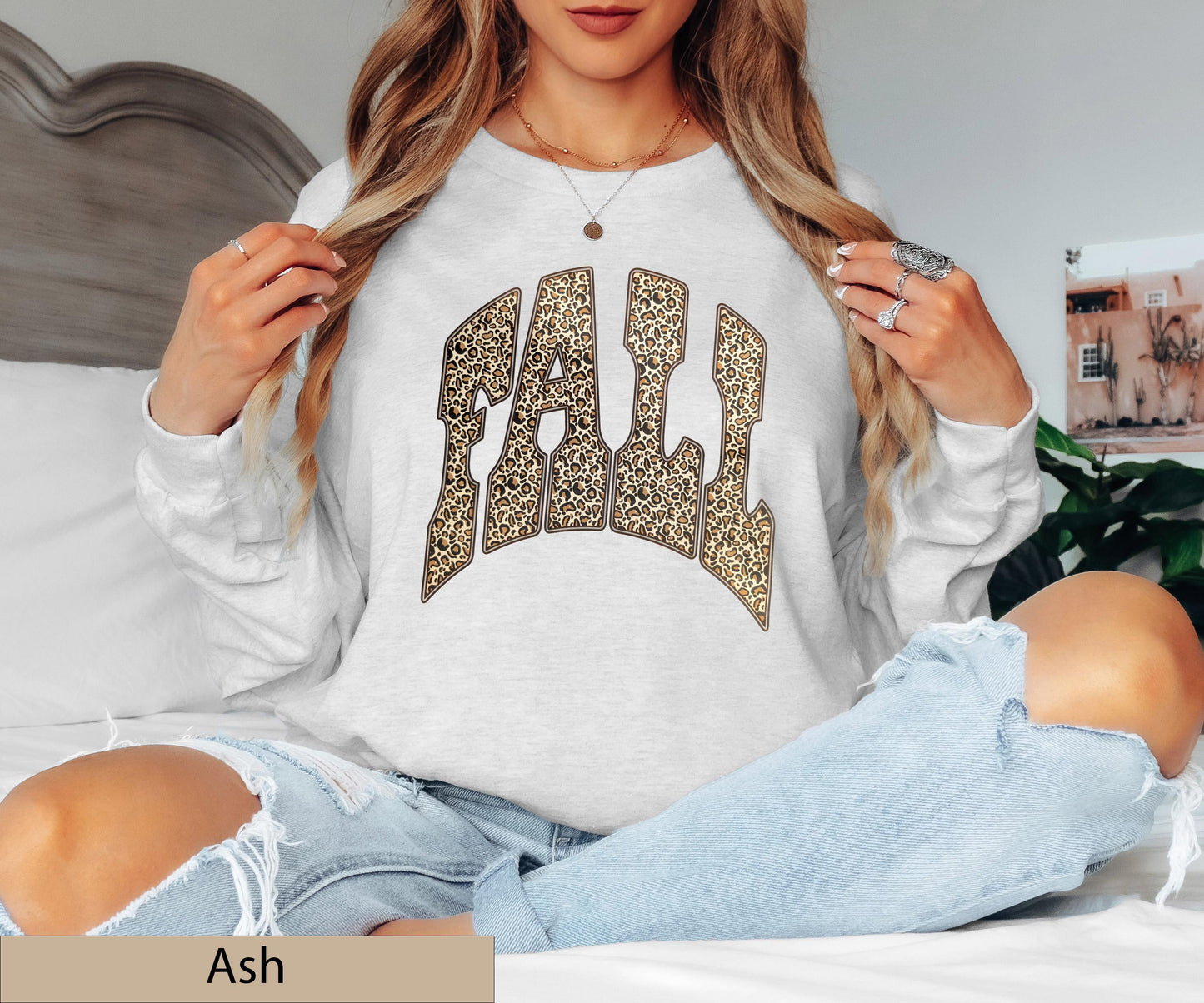 Leopard Print Varsity "FALL" Long Sleeve Shirt, Animal Autumn Crewneck Sweater