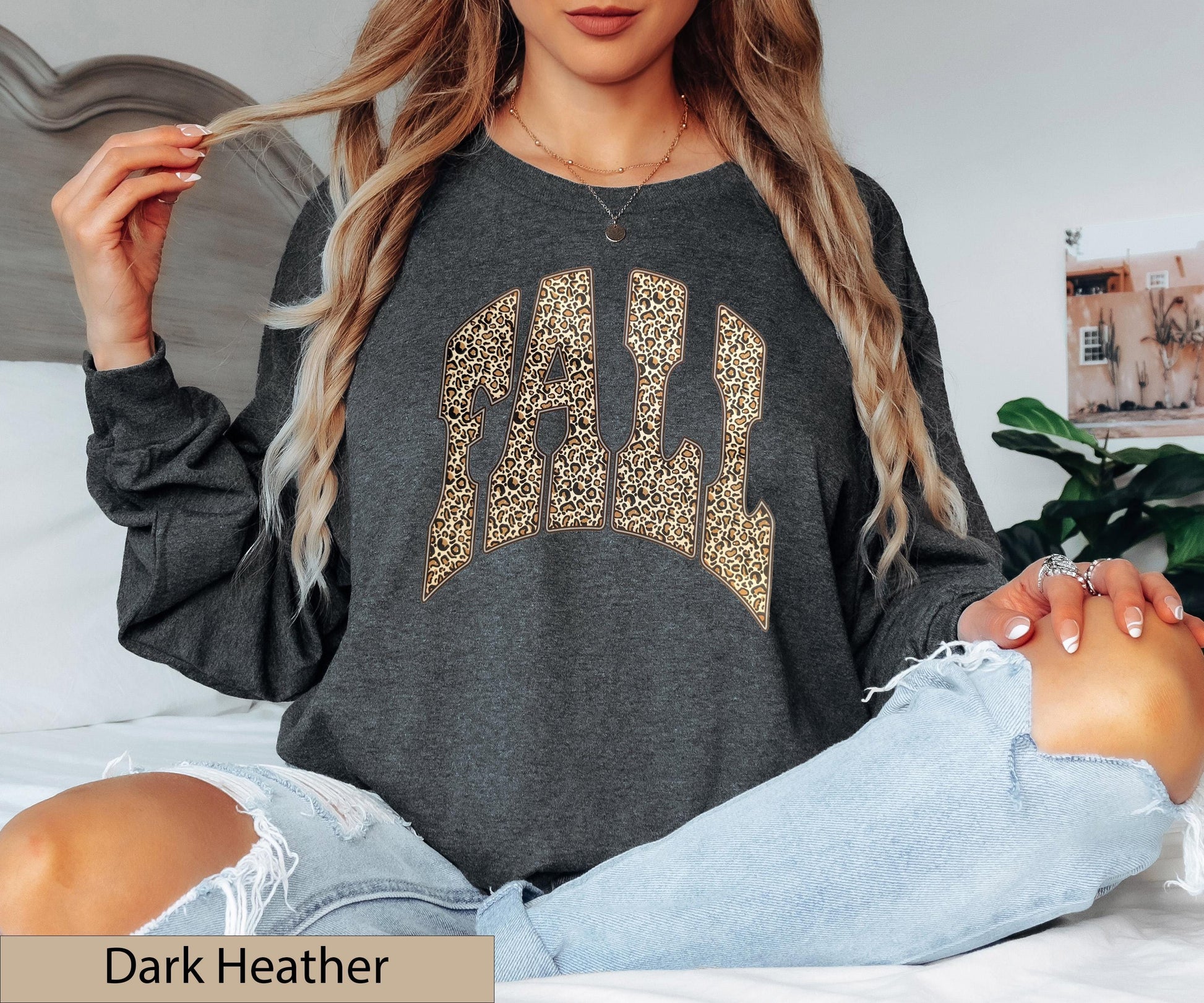 Leopard Print Varsity "FALL" Long Sleeve Shirt, Animal Autumn Crewneck Sweater