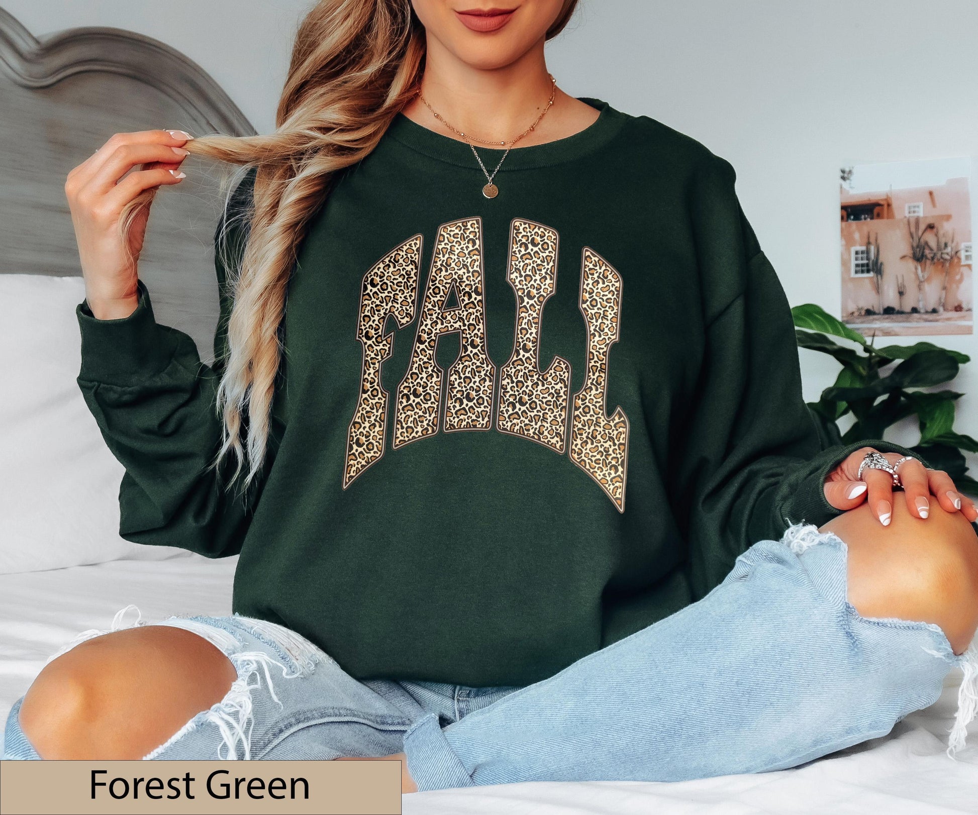 Leopard Print Varsity "FALL" Long Sleeve Shirt, Animal Autumn Crewneck Sweater