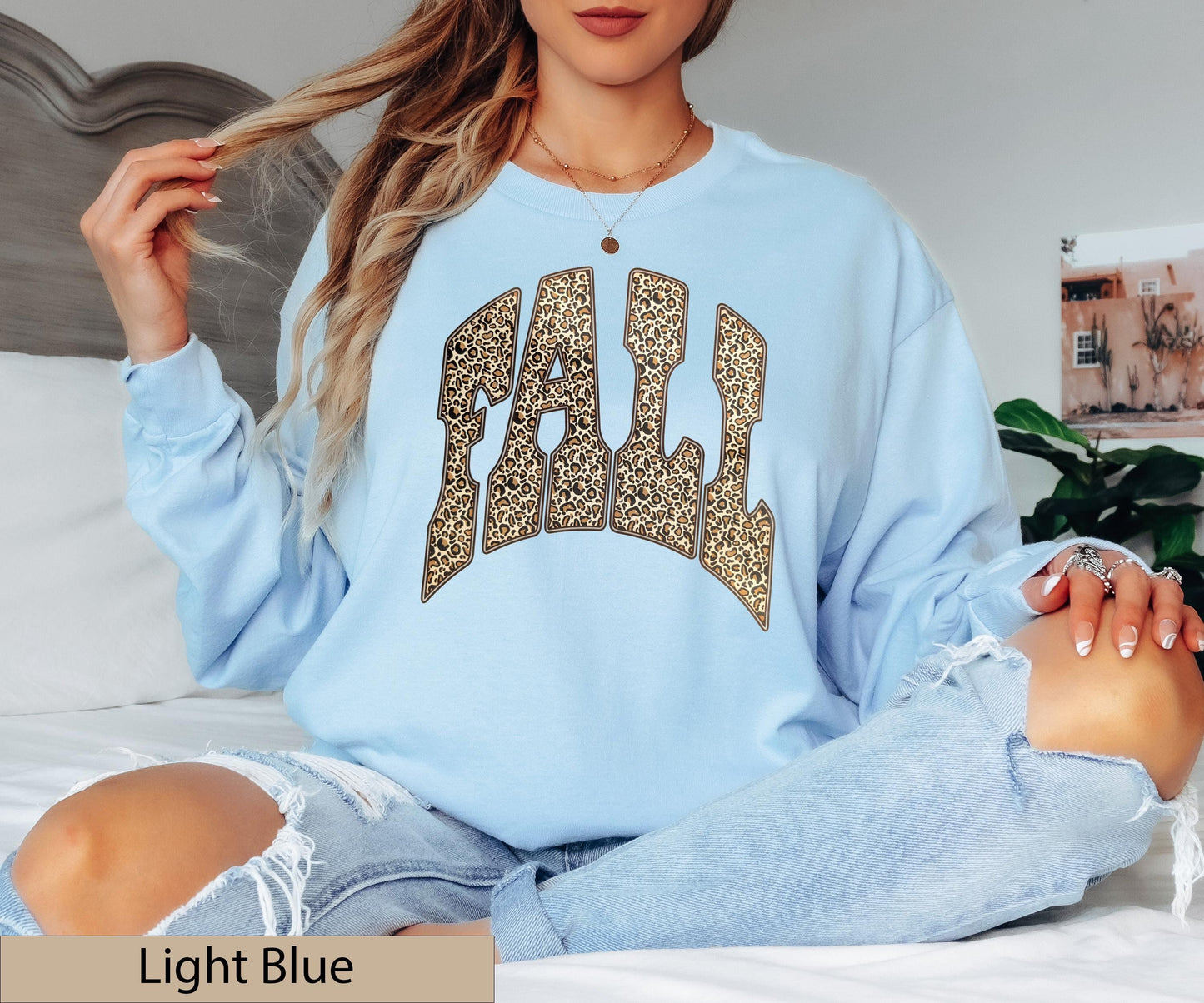 Leopard Print Varsity "FALL" Long Sleeve Shirt, Animal Autumn Crewneck Sweater