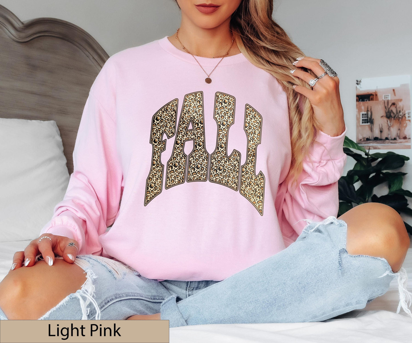 Leopard Print Varsity "FALL" Long Sleeve Shirt, Animal Autumn Crewneck Sweater