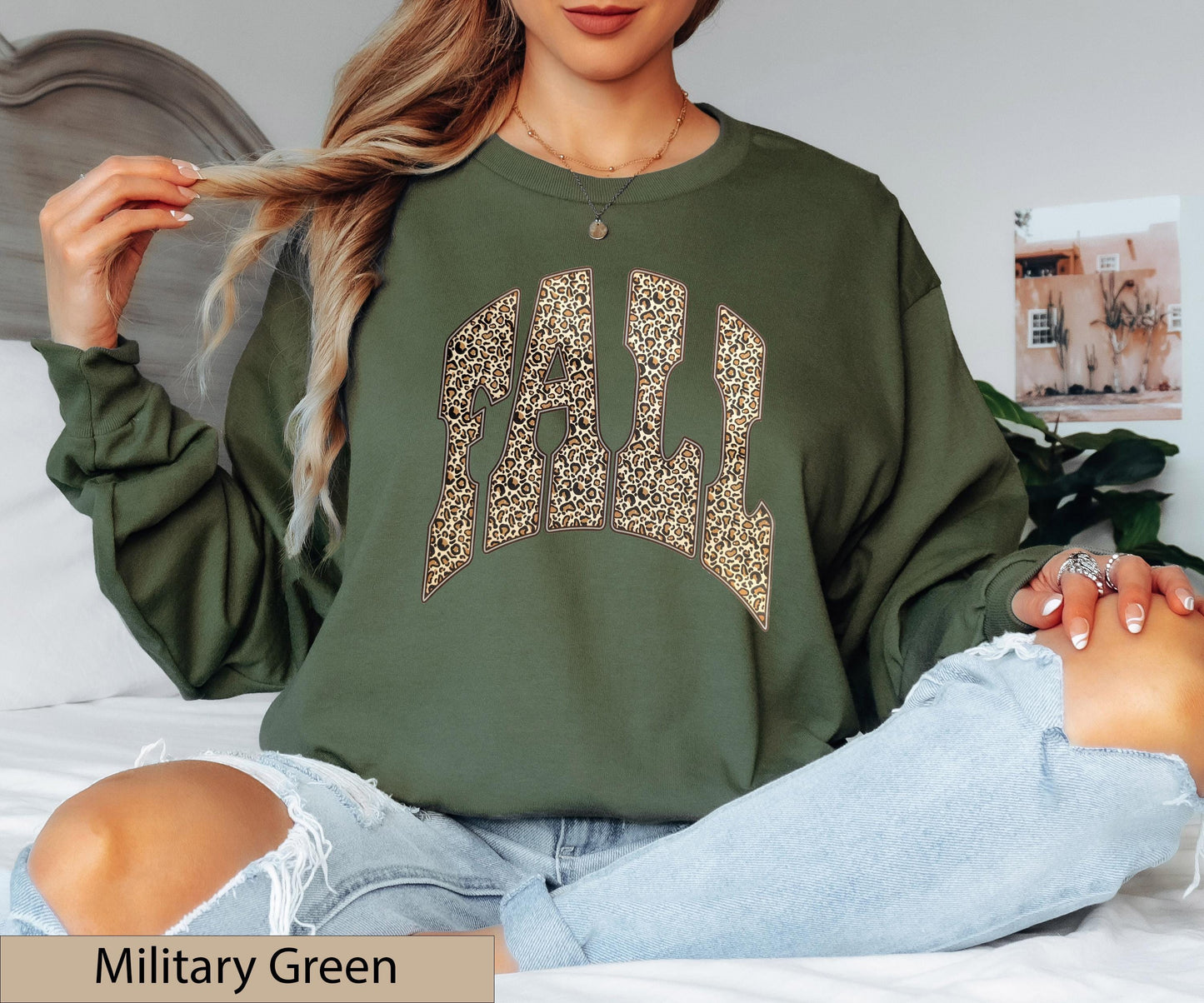 Leopard Print Varsity "FALL" Long Sleeve Shirt, Animal Autumn Crewneck Sweater
