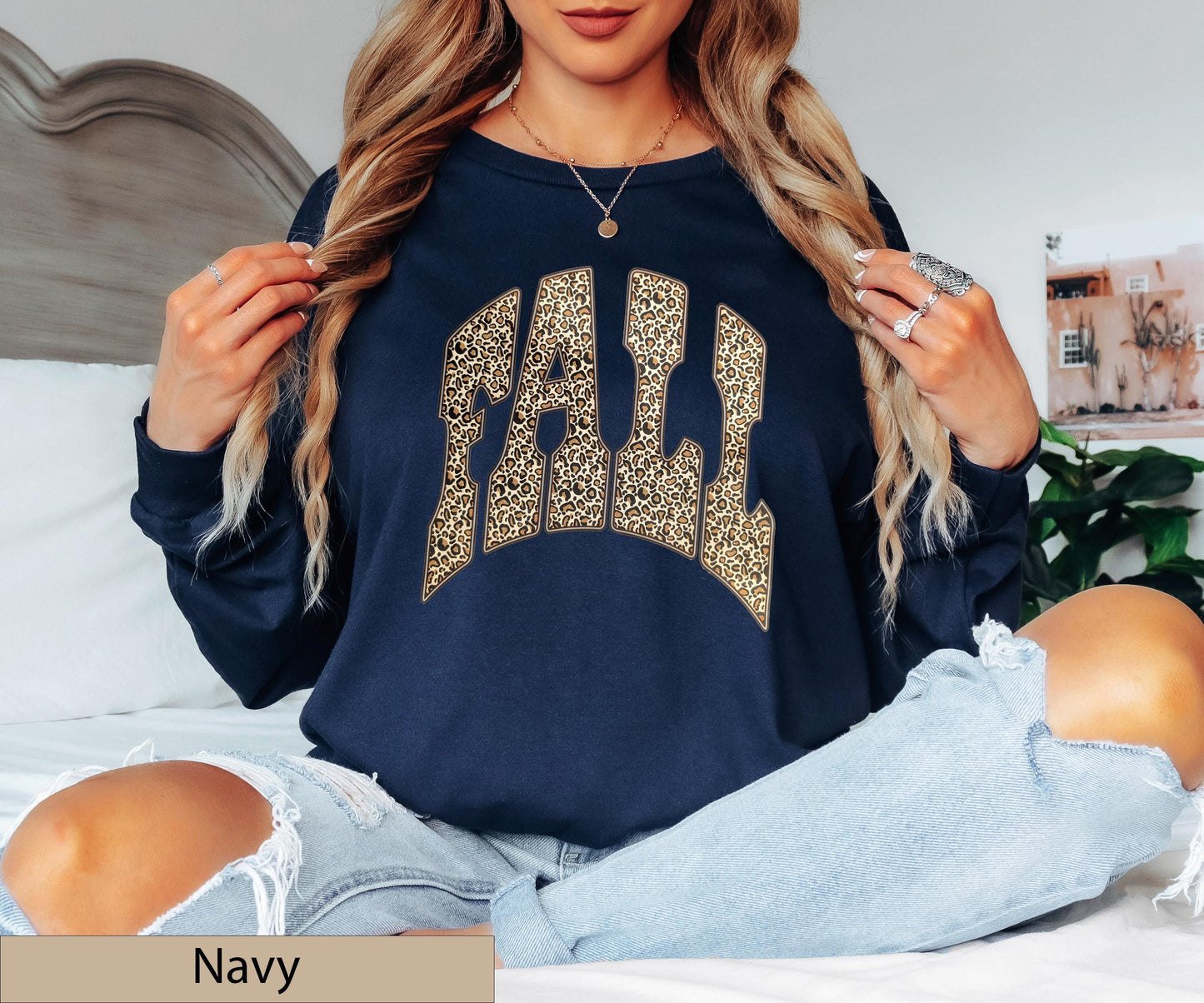 Leopard Print Varsity "FALL" Long Sleeve Shirt, Animal Autumn Crewneck Sweater