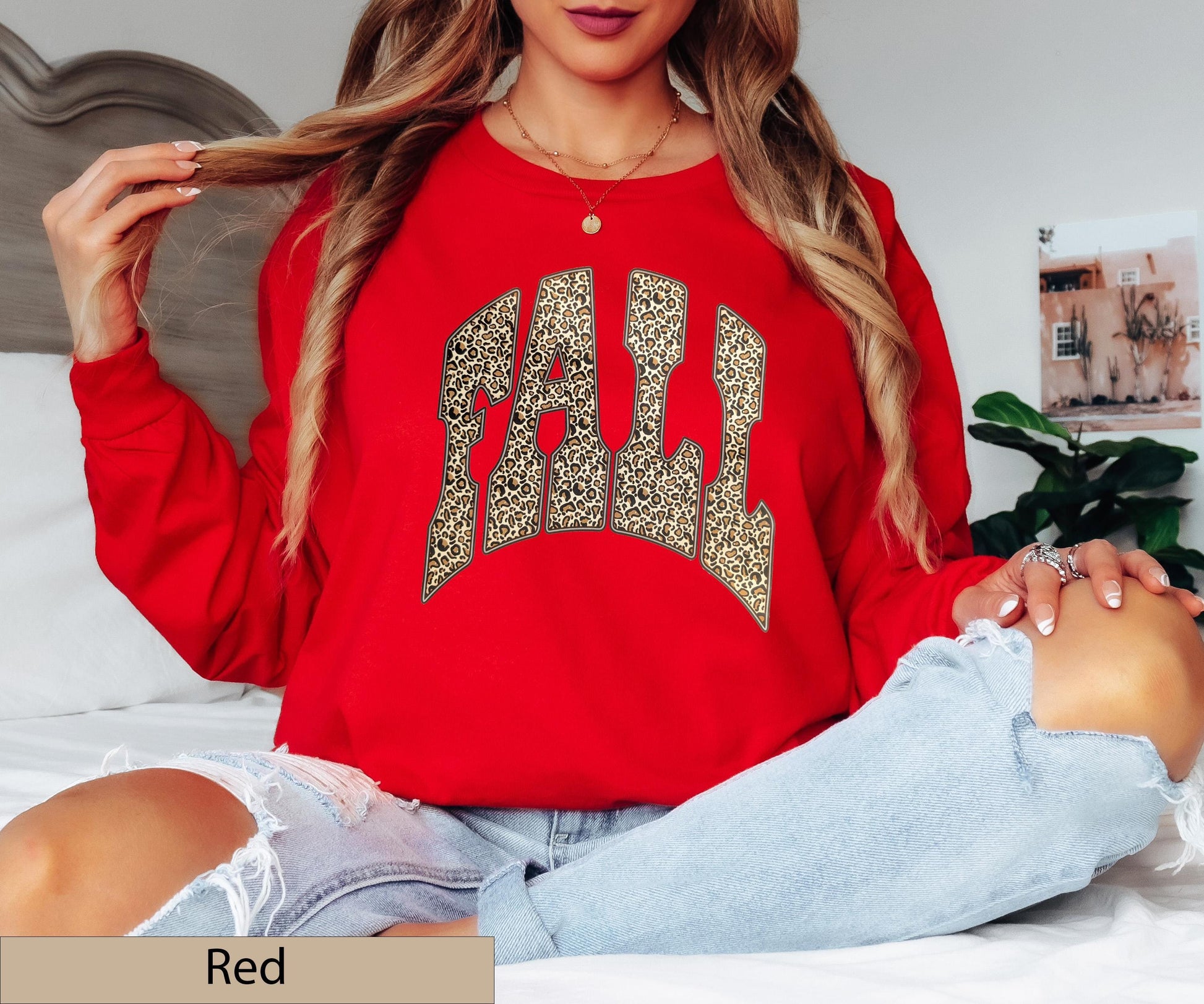 Leopard Print Varsity "FALL" Long Sleeve Shirt, Animal Autumn Crewneck Sweater