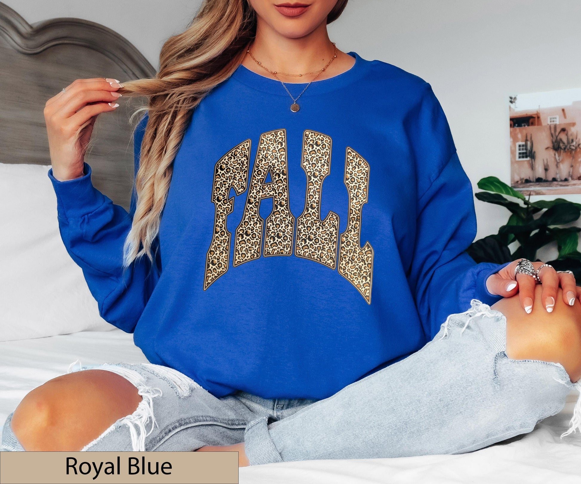 Leopard Print Varsity "FALL" Long Sleeve Shirt, Animal Autumn Crewneck Sweater