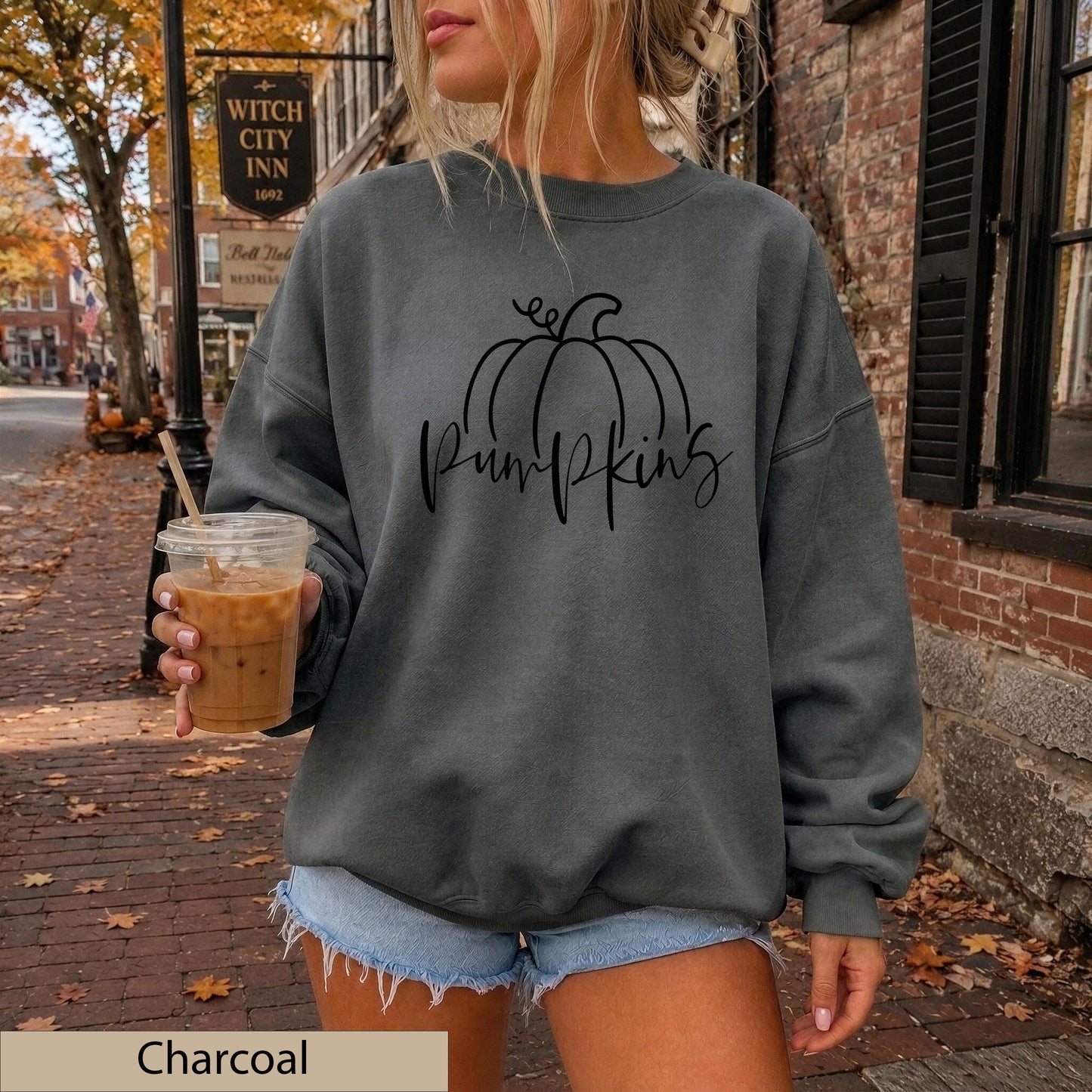 Minimalist Black Hand Drawn Pumpkin Sweatshirt, Cozy Autumn Line Art Crewneck Sweater