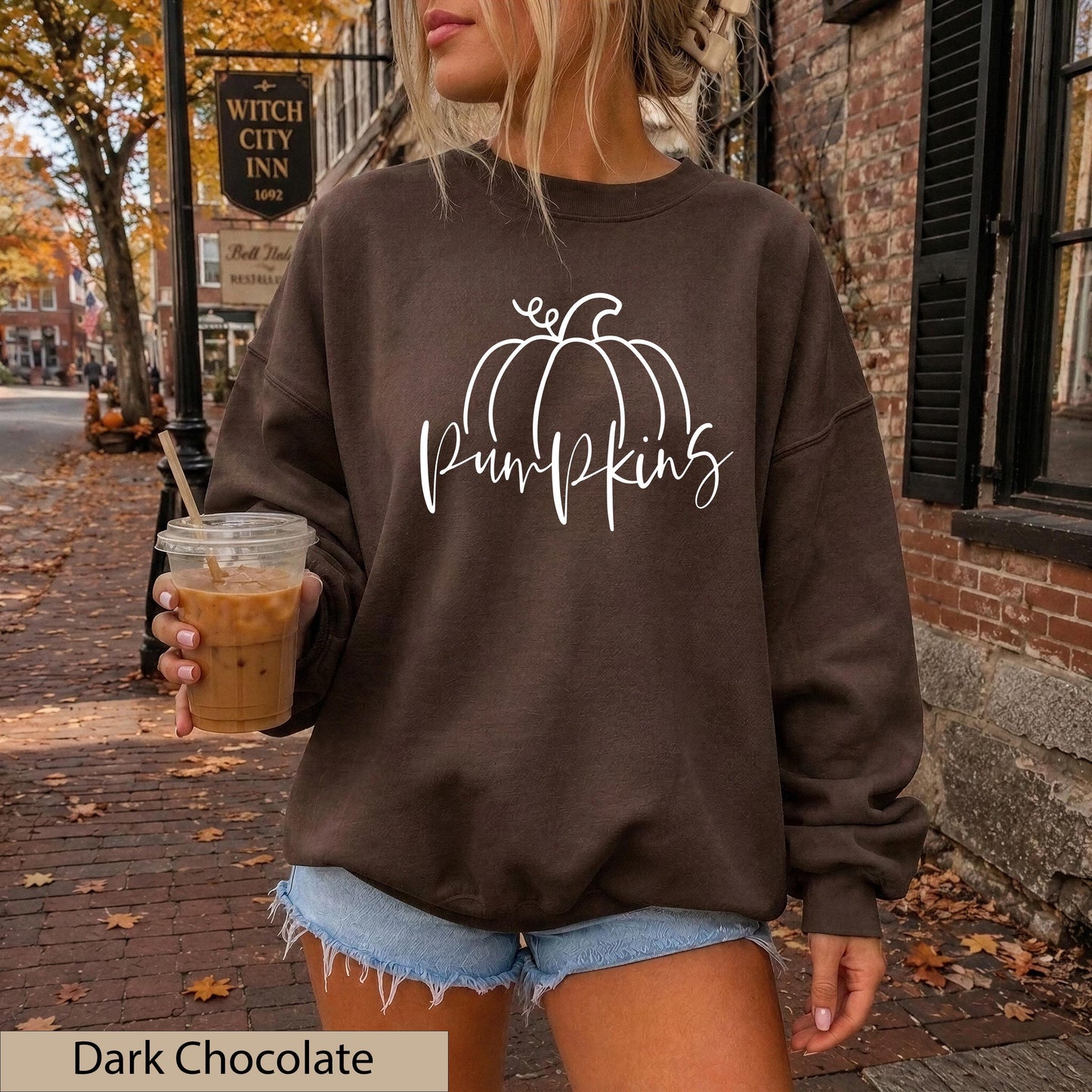 Minimalist White Hand Drawn Pumpkin Sweatshirt, Cozy Autumn Line Art Crewneck Sweater