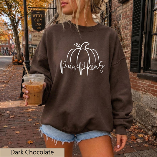 Minimalist White Hand Drawn Pumpkin Sweatshirt, Cozy Autumn Line Art Crewneck Sweater