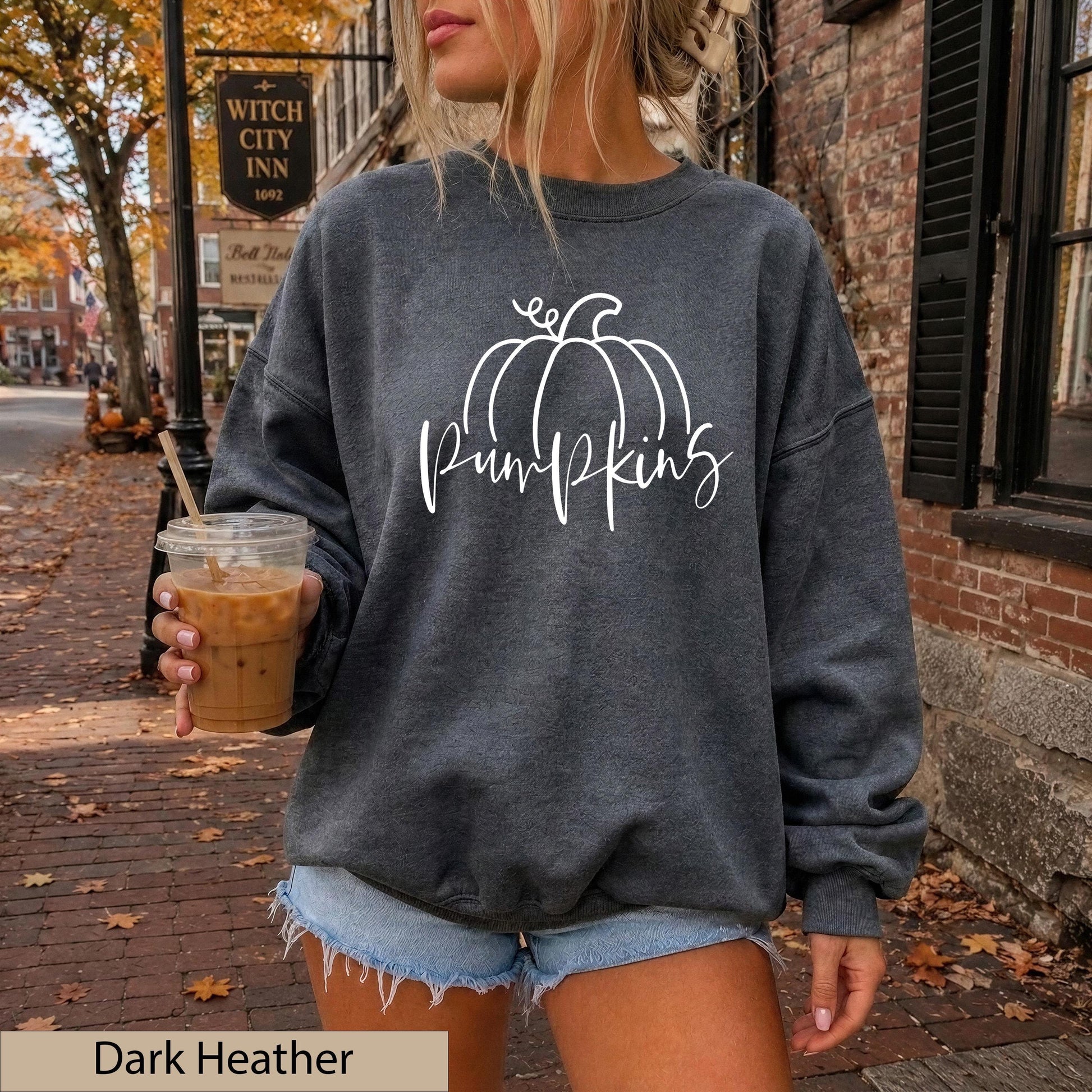 Minimalist White Hand Drawn Pumpkin Sweatshirt, Cozy Autumn Line Art Crewneck Sweater