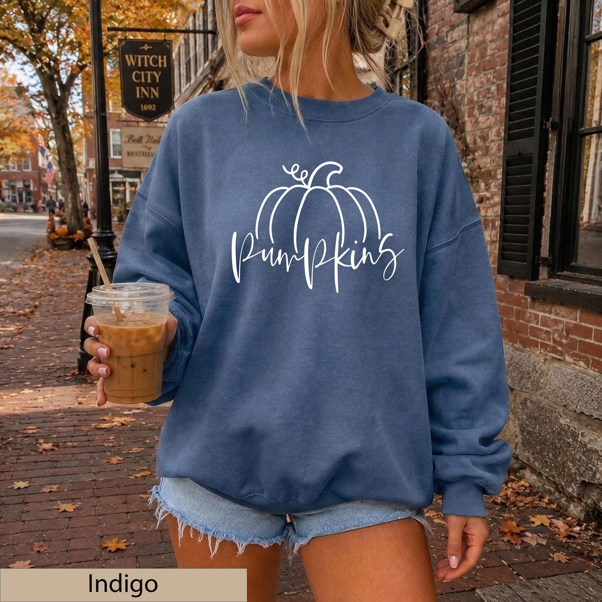 Minimalist White Hand Drawn Pumpkin Sweatshirt, Cozy Autumn Line Art Crewneck Sweater
