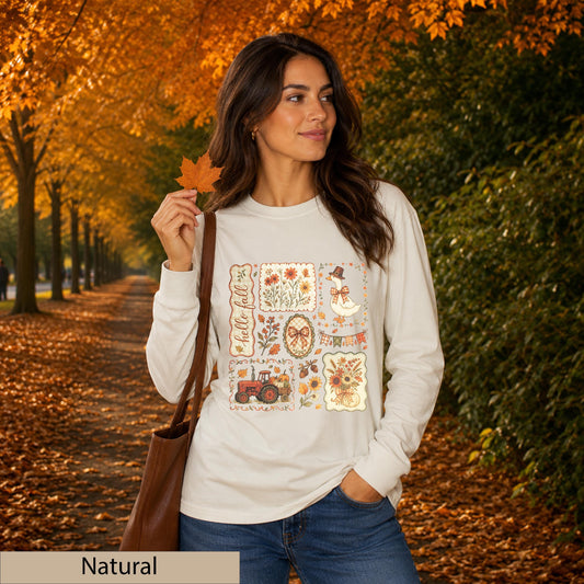 Hello Fall Patchwork Collage Shirt, Cottagecore Tractor Pumpkin Duck Top